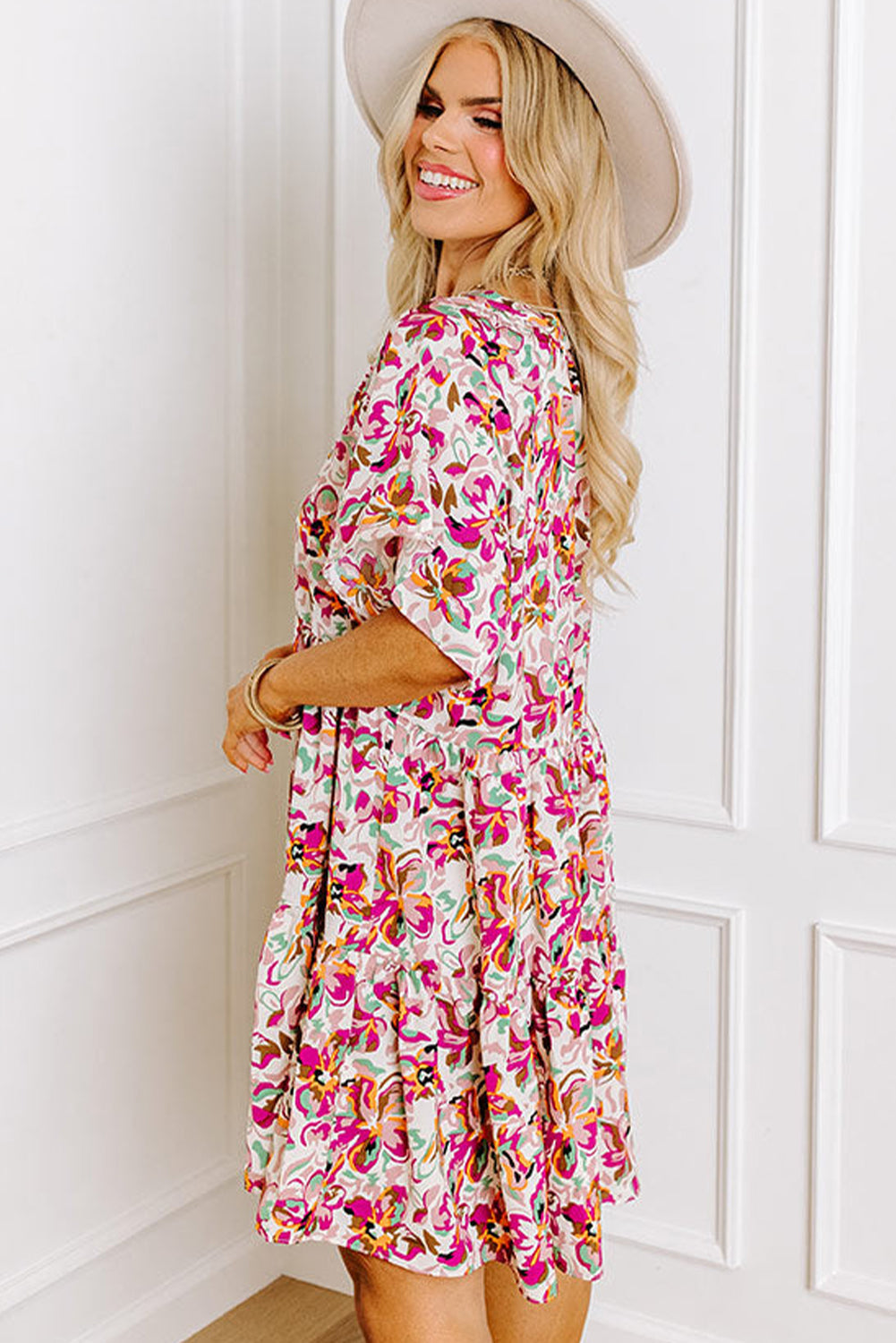 White Abstract Print V Neck Short Sleeve Ruffled Plus Size Mini Dress BB Fashion Outlet