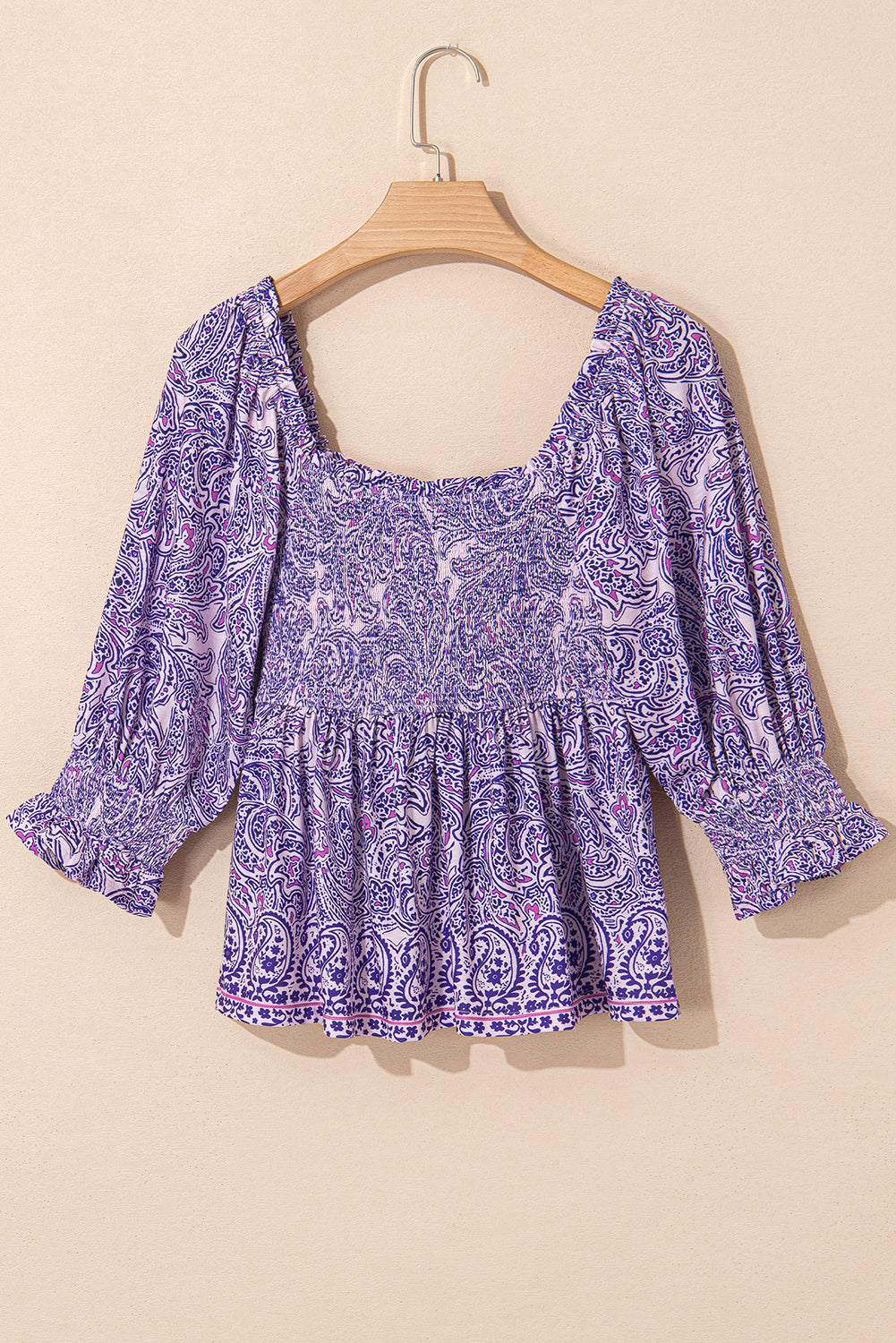 Purple Boho Paisley Print Half Sleeve Shirred Peplum Blouse - eAura
