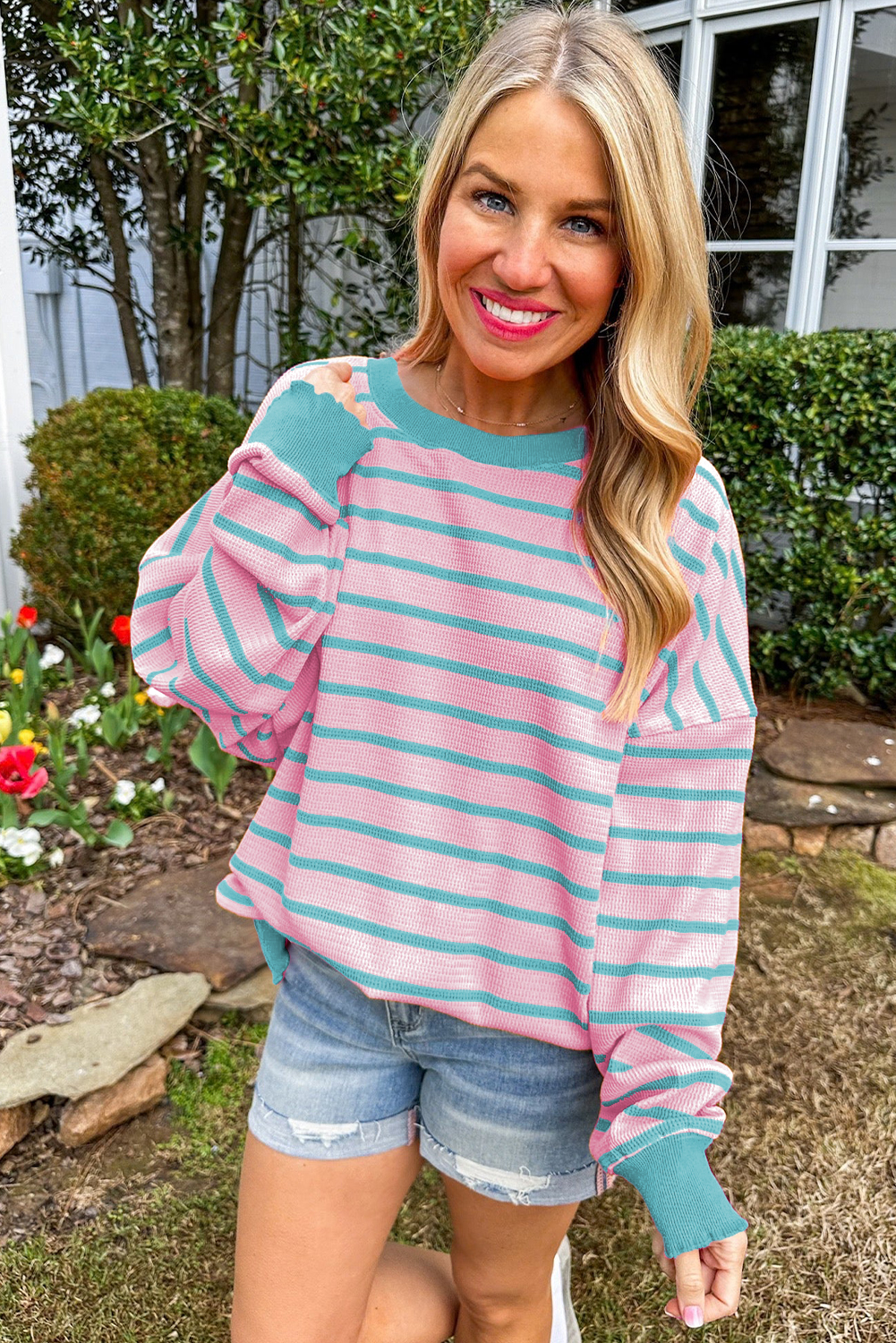 Pink Stripe Trimmed Round Neck Drop Shoulder Loose Sweater eAura