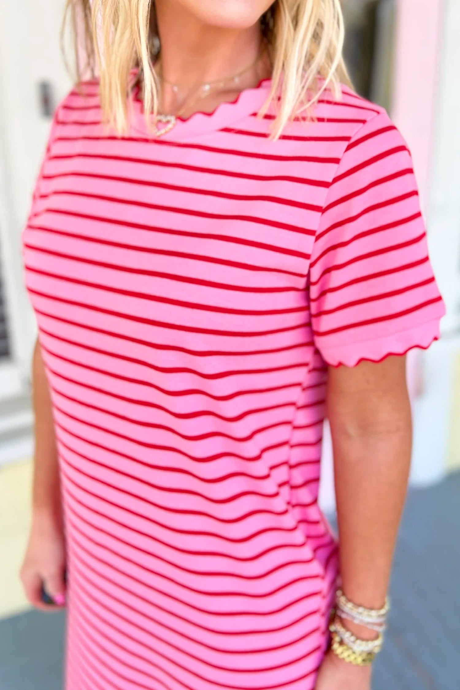 Striped Short Sleeve Scalloped Trim Side Slit T-Shirt Dress – Rose Stripe