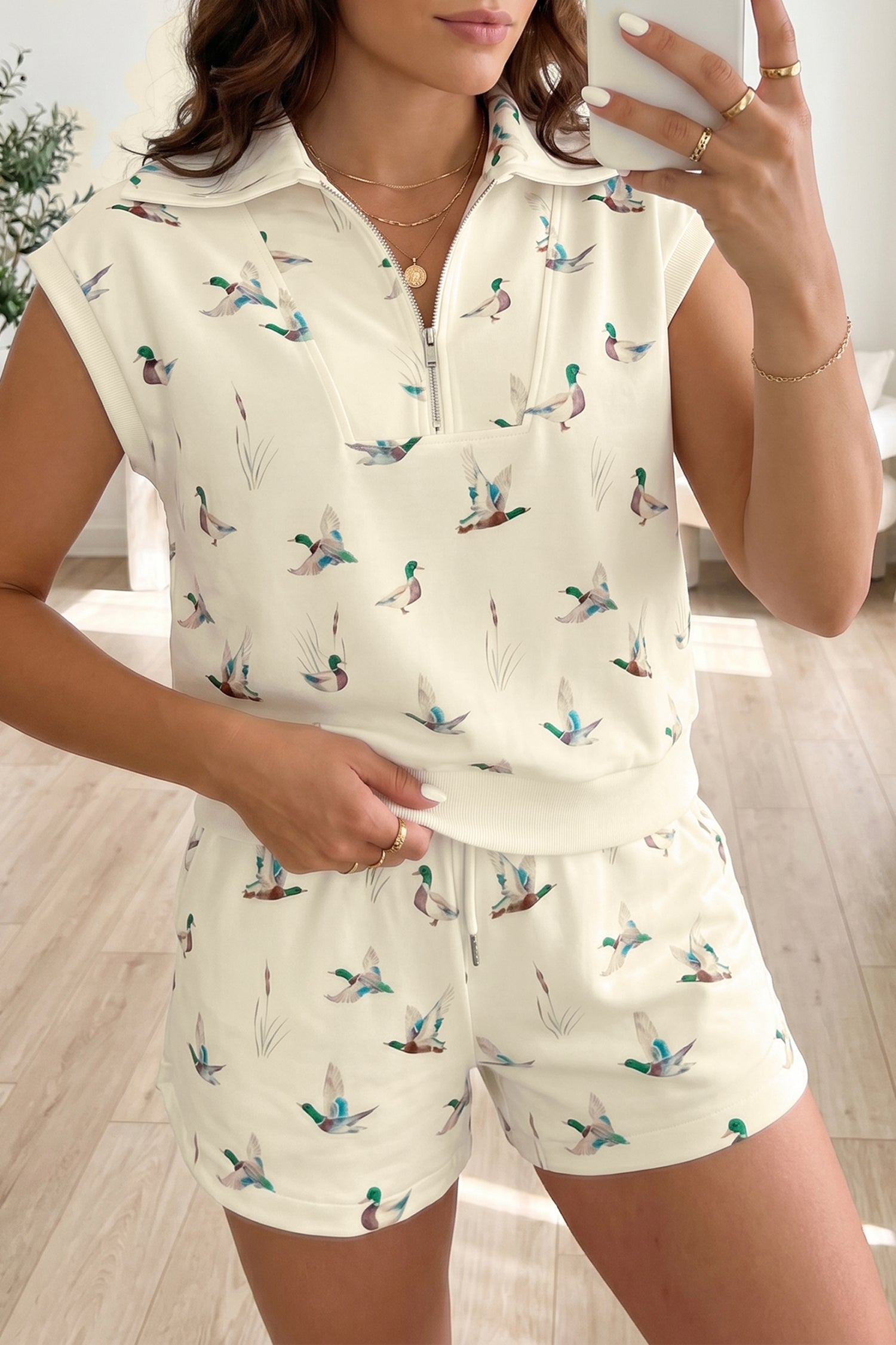 Mallard Printed Zip Polo Tee Drawstring Short Set – Beige