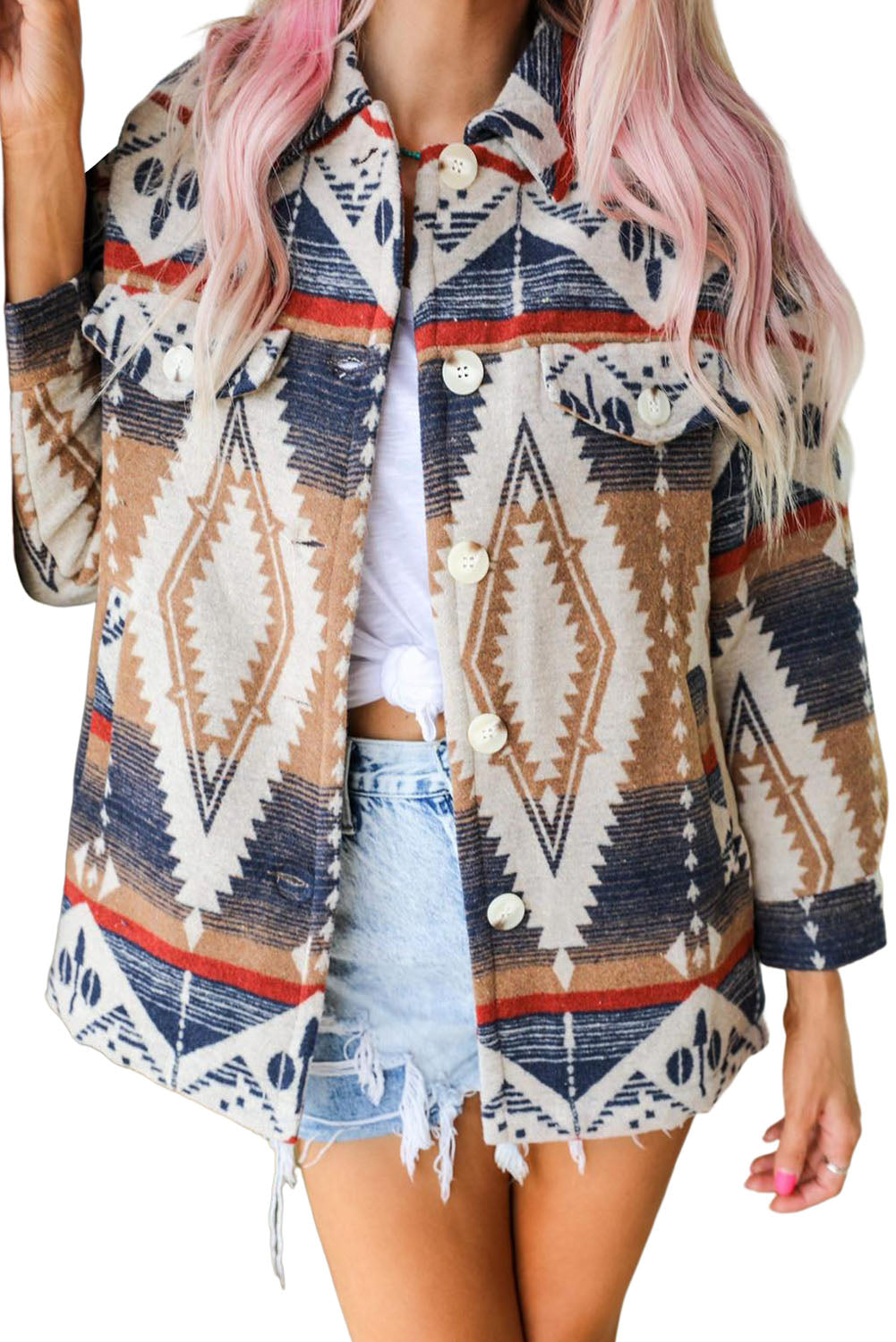 Multicolour Aztec Print Button-Up Oversized Jacket eAura