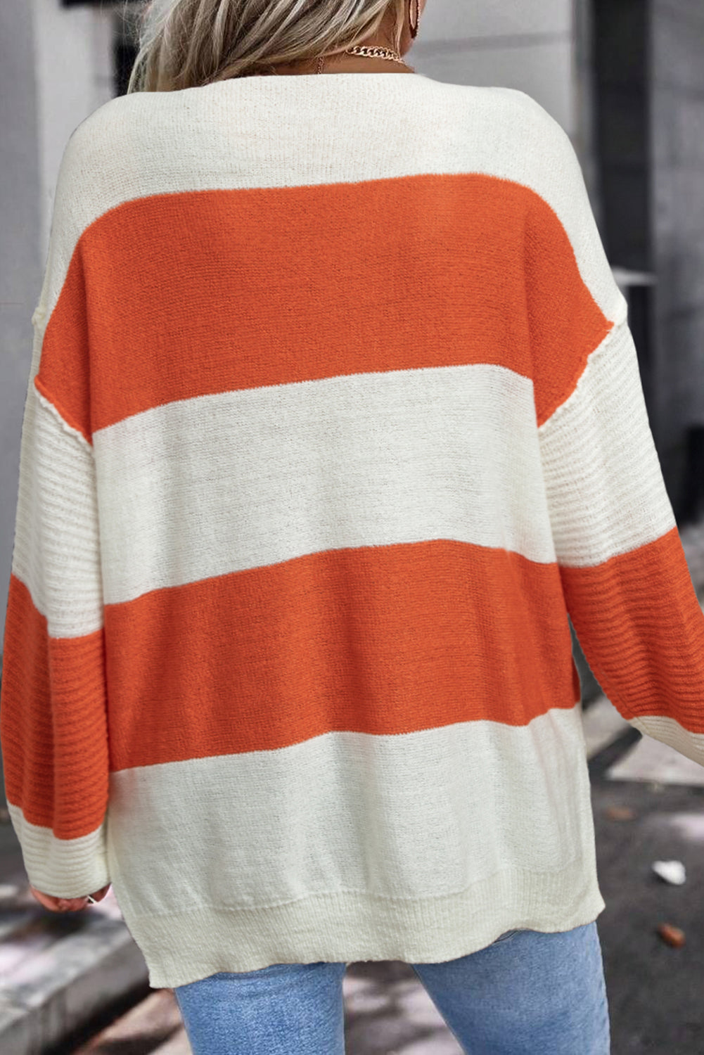 Orange Stripe Loose Colour Block Drop Shoulder Bubble Sleeve Sweater eAura