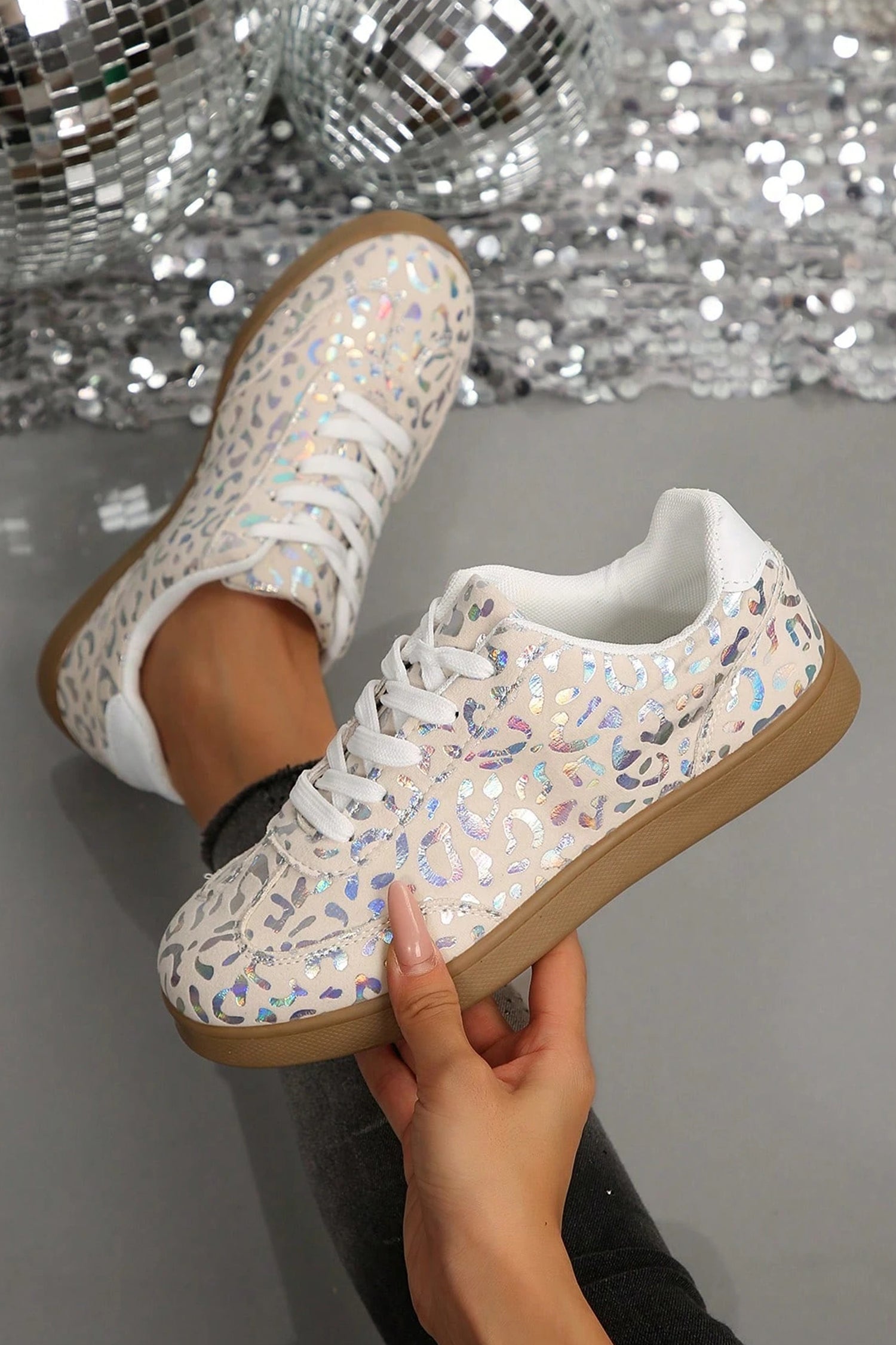 Leopard Print Lace-Up Trainers – White