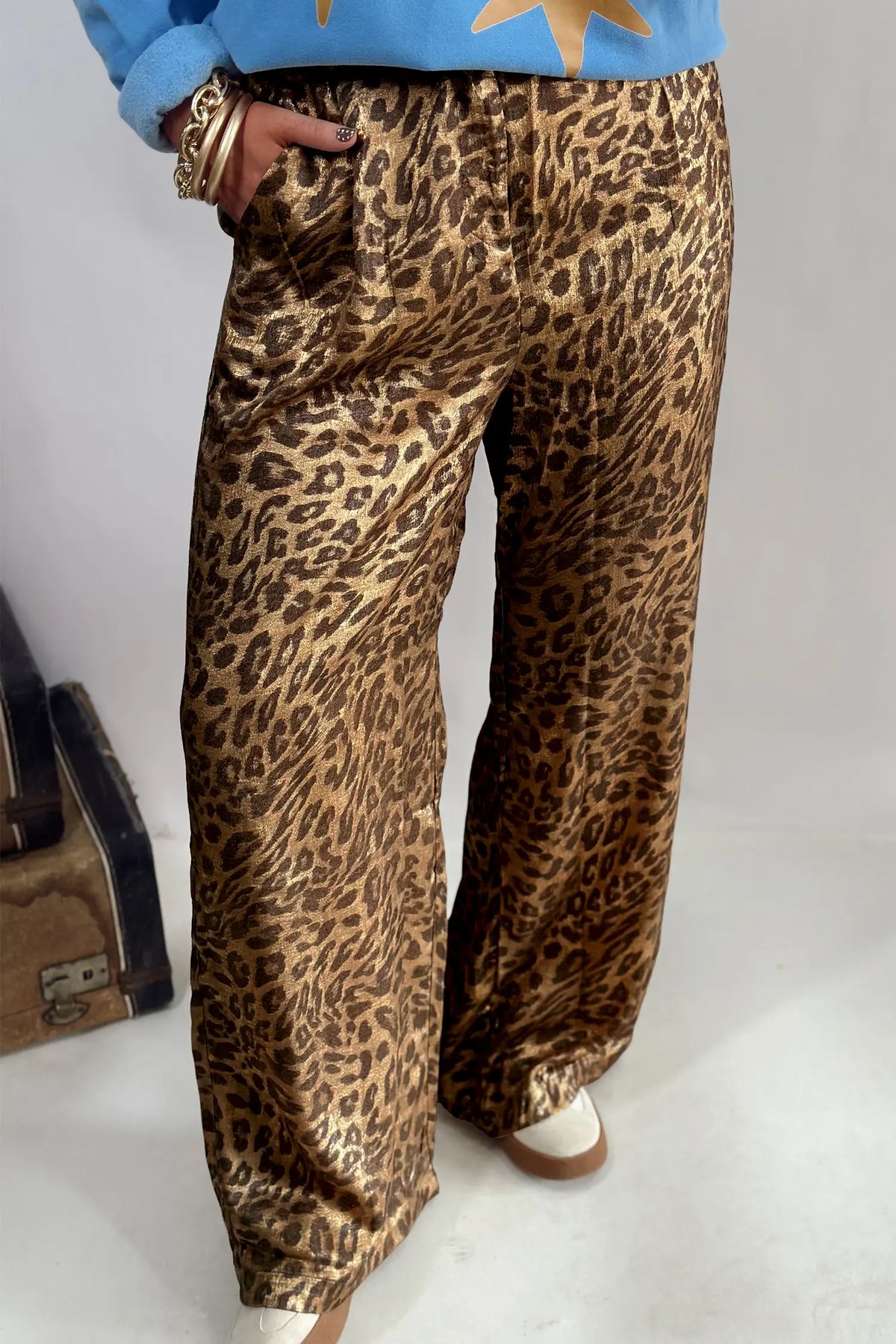 Leopard Print Western Style Wide Leg Full Length Pants – Multicolour