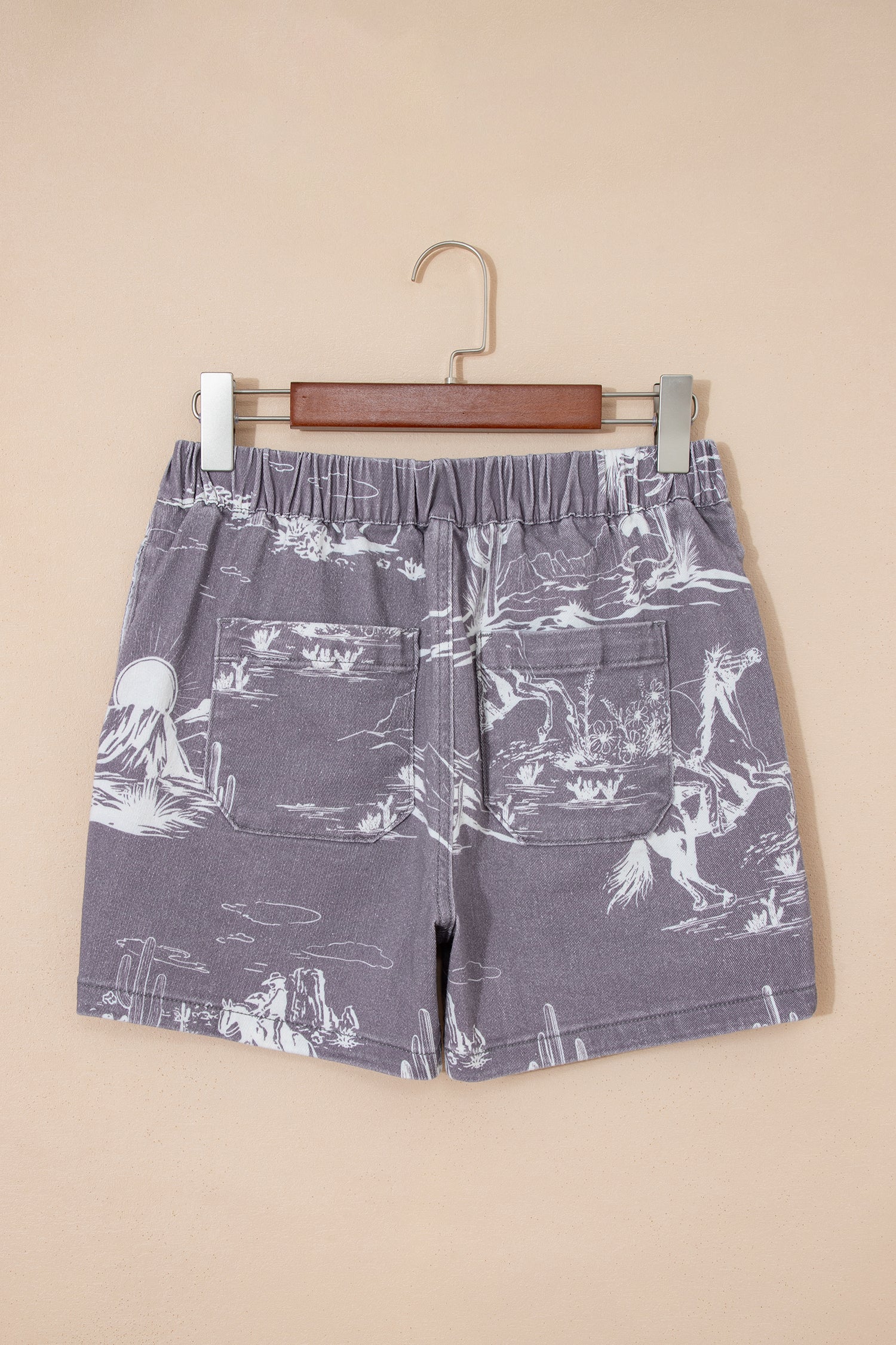 Western Print Elastic Waist Cotton Denim Shorts