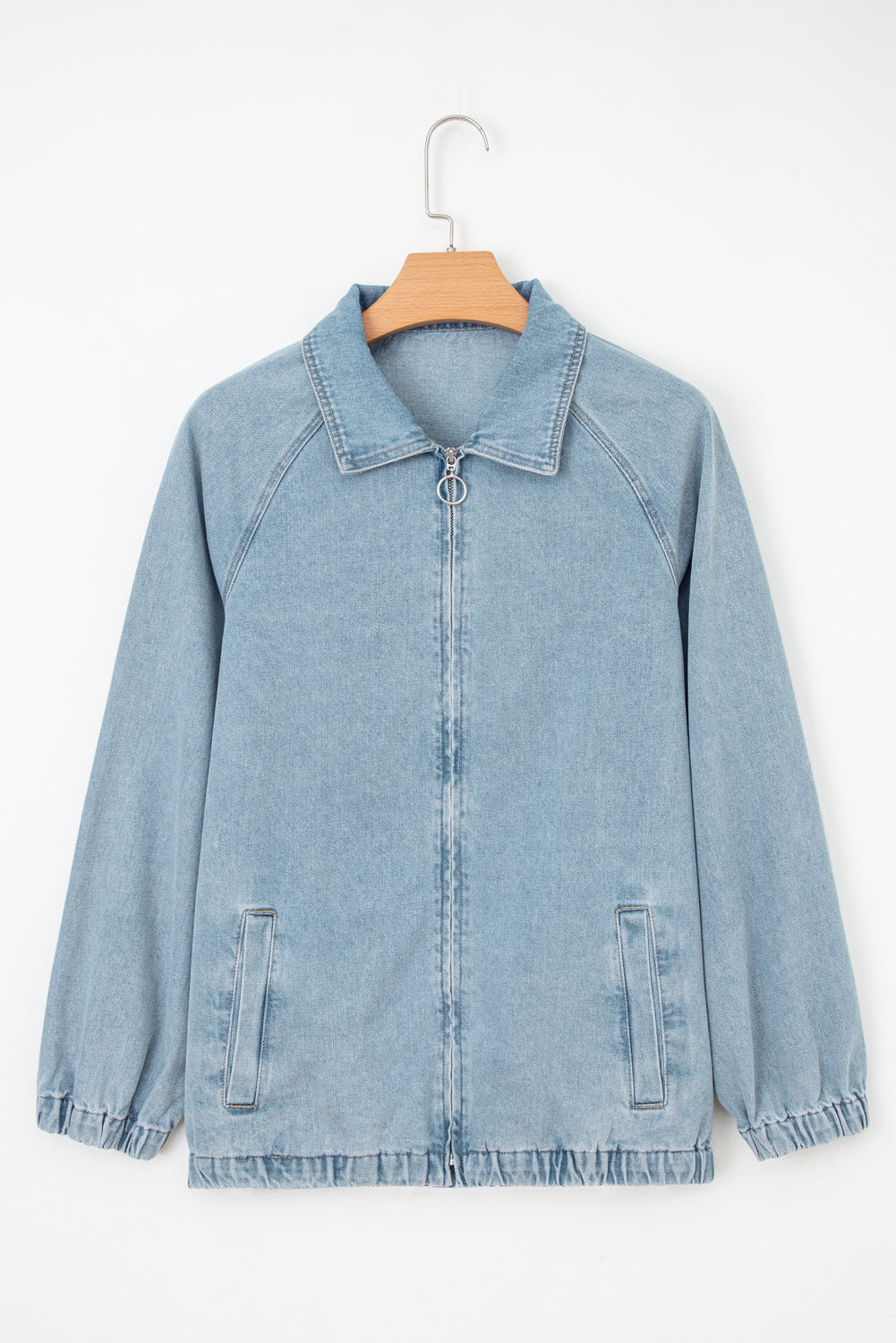Blue Elastic Edge Collared Zip Up Denim Jacket With Pocket eAura