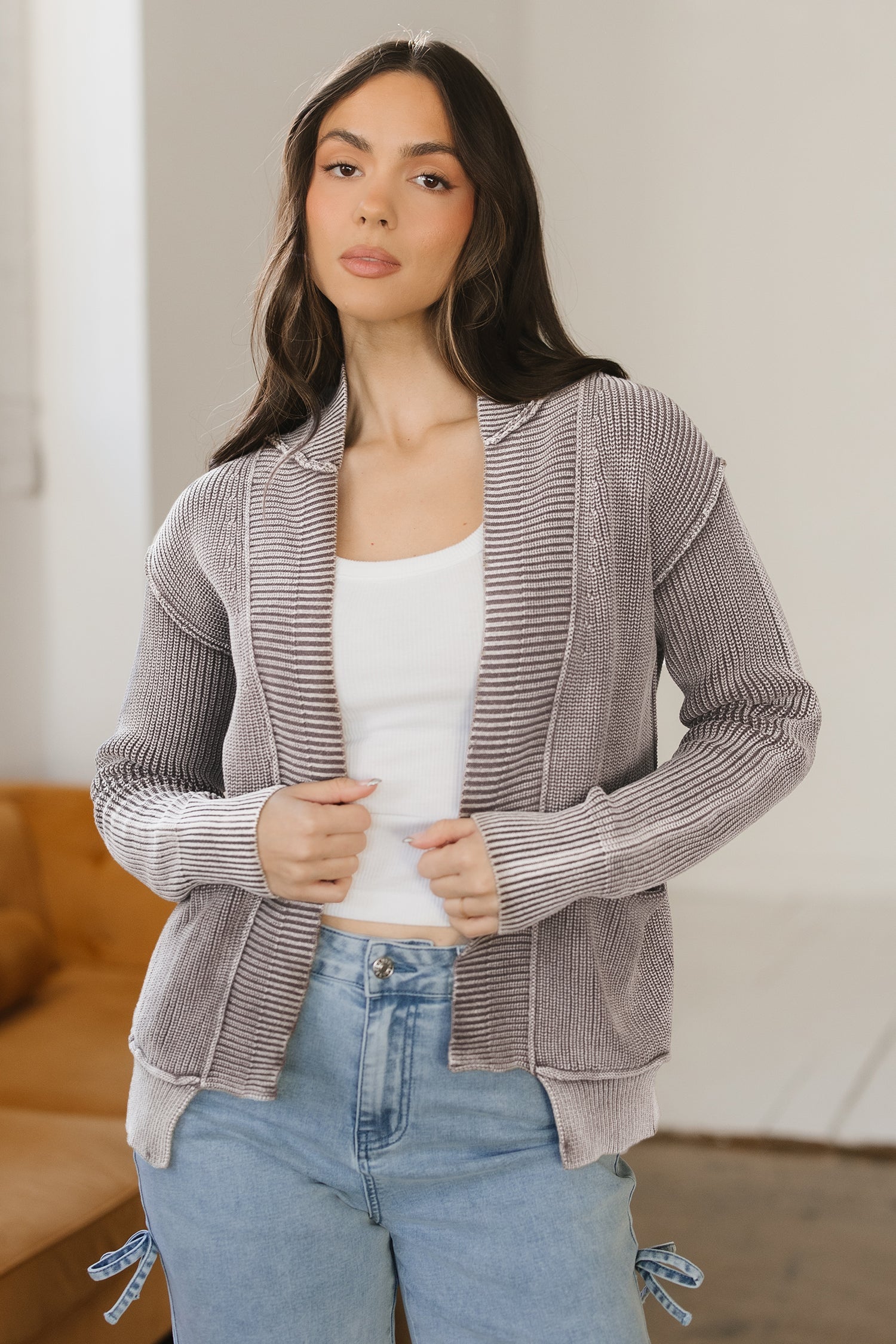 Mineral Wash Exposed Seam Patchwork Knit Open Sweater Cardigan - Sweaters & Cardigans/Cardigans