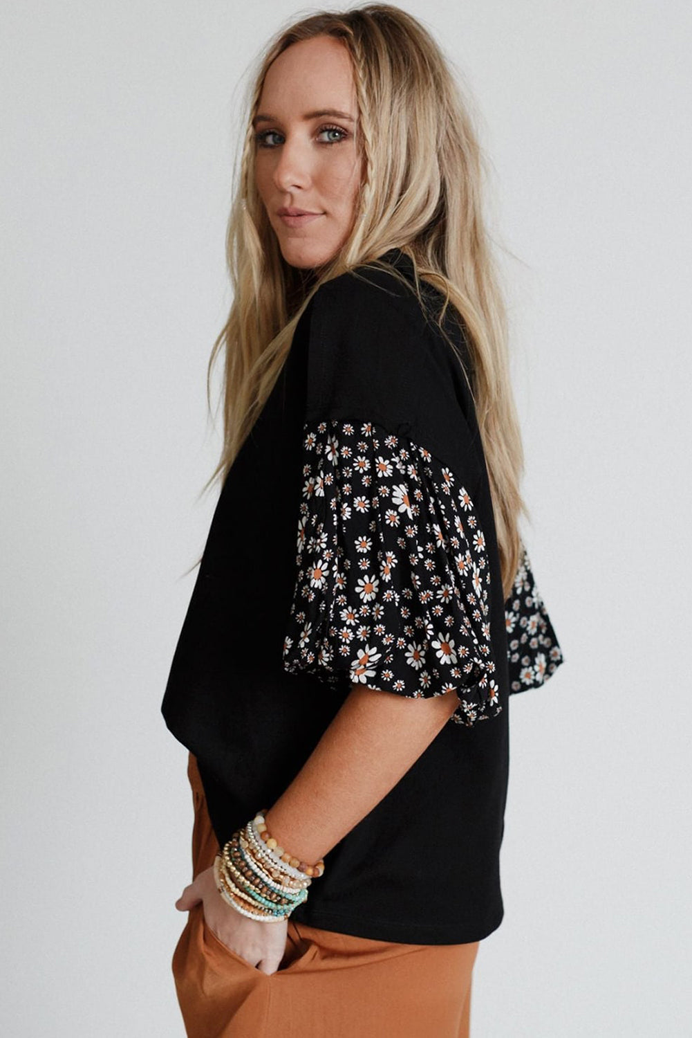 Black Contrast Floral Puff Sleeve Oversized Top eAura