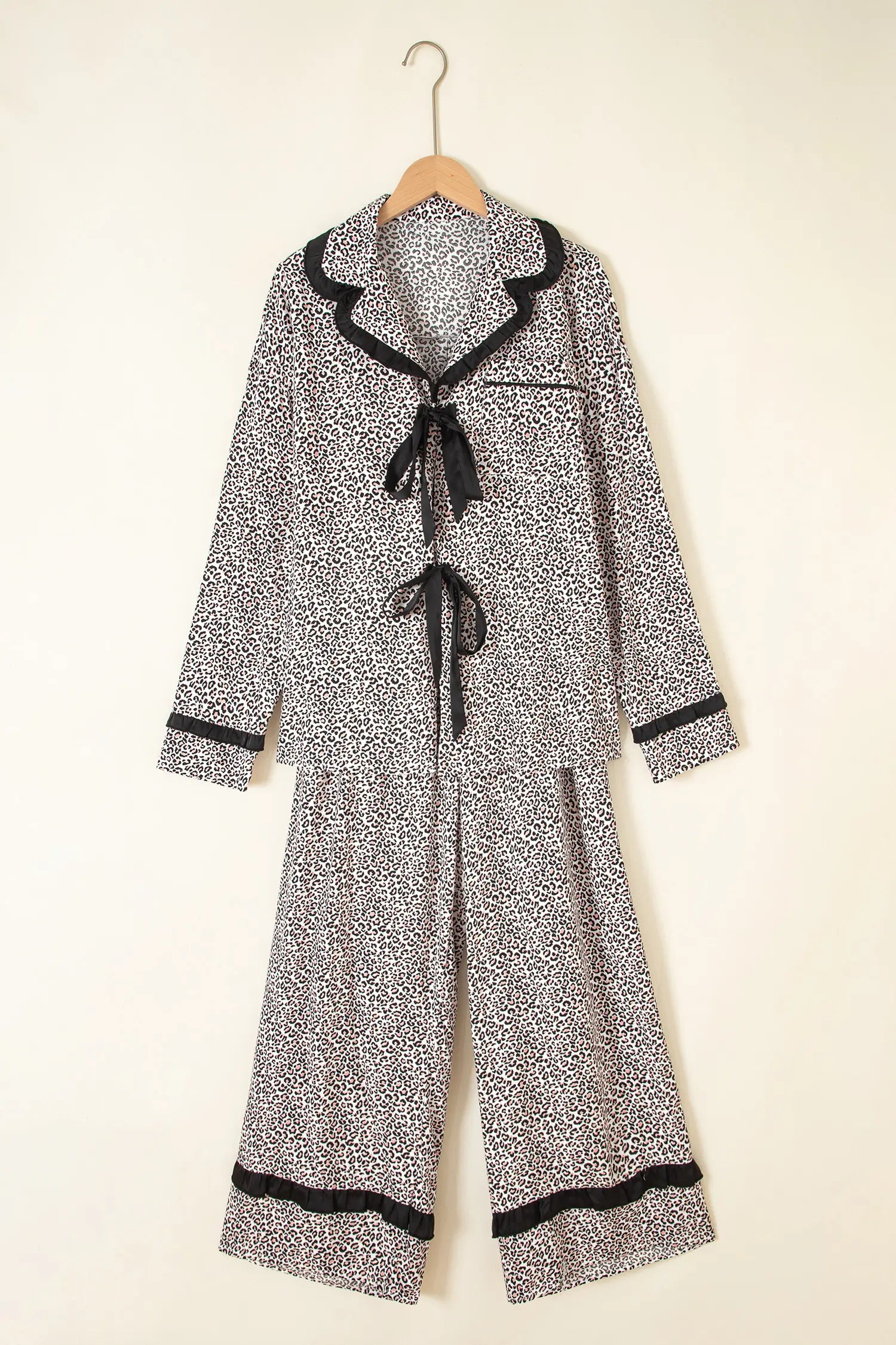 Leopard Print Bow Knot Patchwork Long Sleeve Lounge Set – Brown
