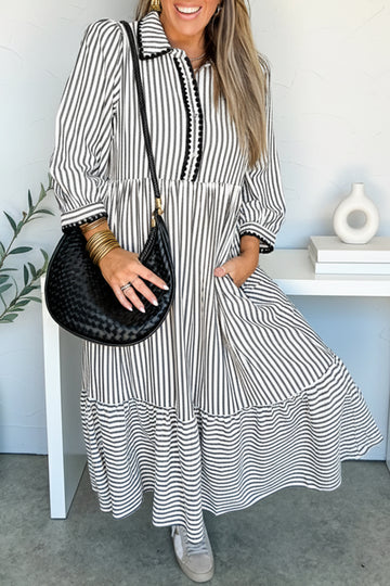 Stripe Scallop Trim Shirt Collar 3/4 Sleeve Maxi Dress - Black / L - Dresses/Maxi Dresses