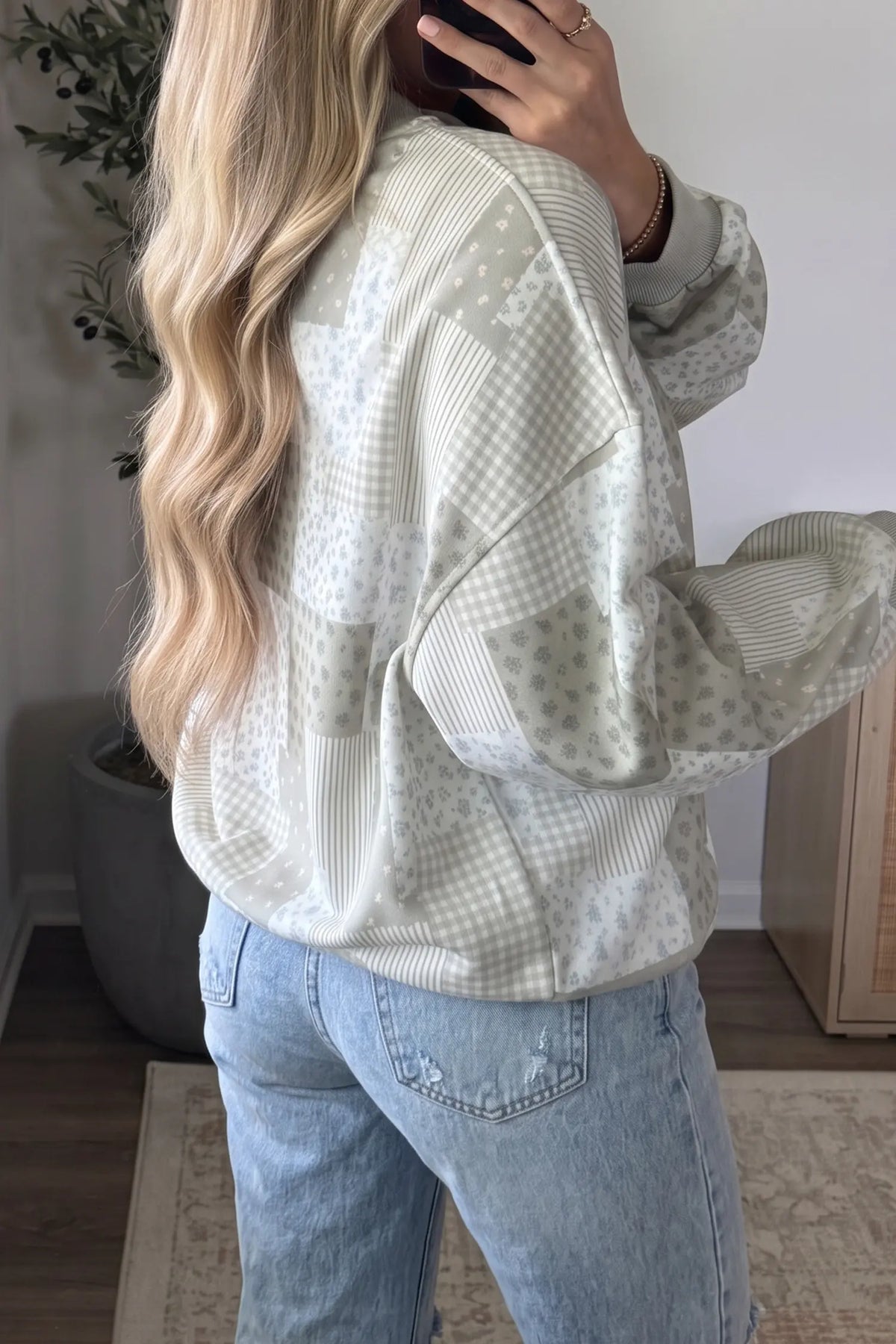 Patchwork Floral Print Mock Neck Long Sleeve Sweatshirt