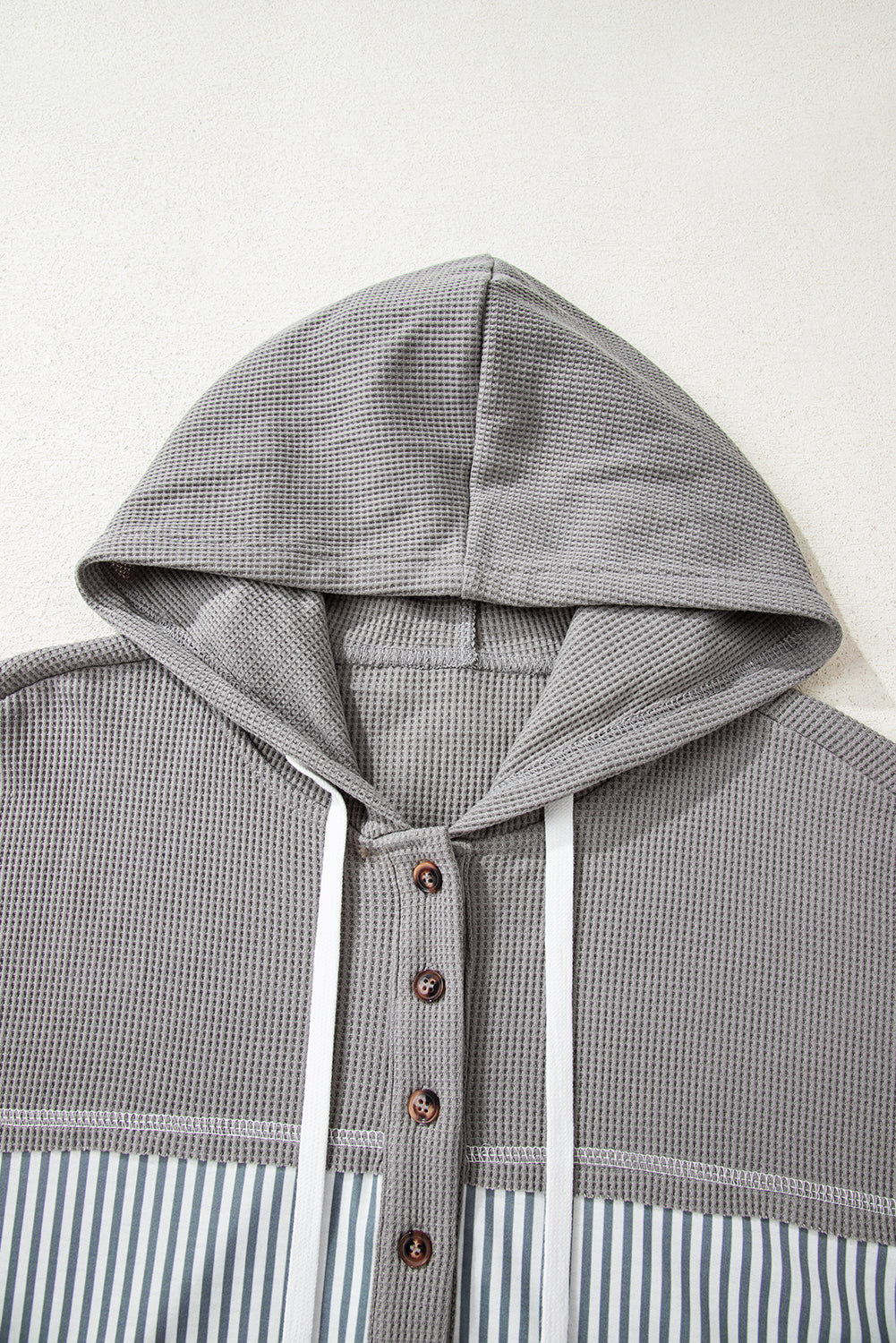 Waffle Patchwork Drawstring Hooded Long Sleeve Top - eAura