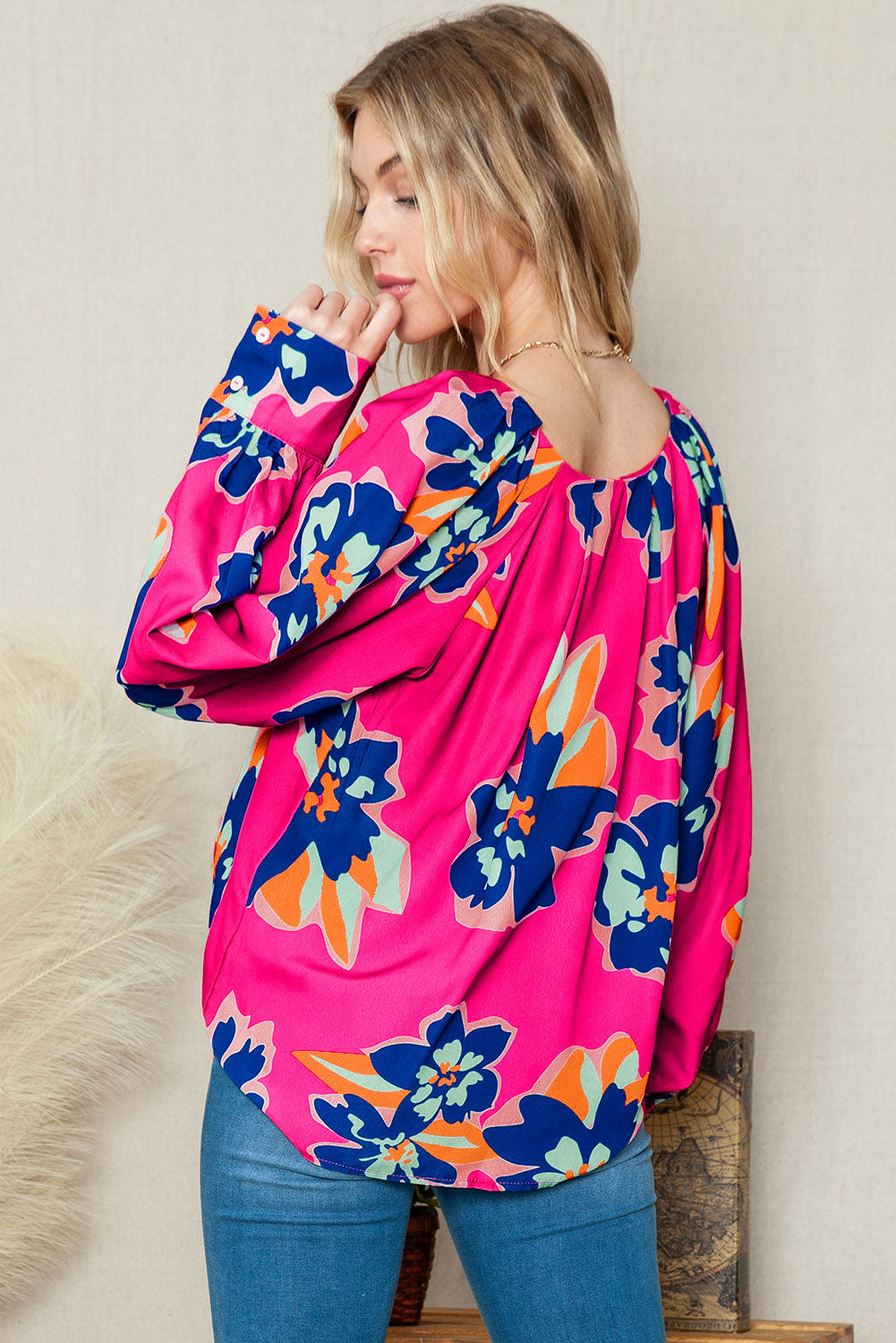 Rose Floral Pattern V Neck Balloon Sleeve Plus Size Blouse BB Fashion Outlet