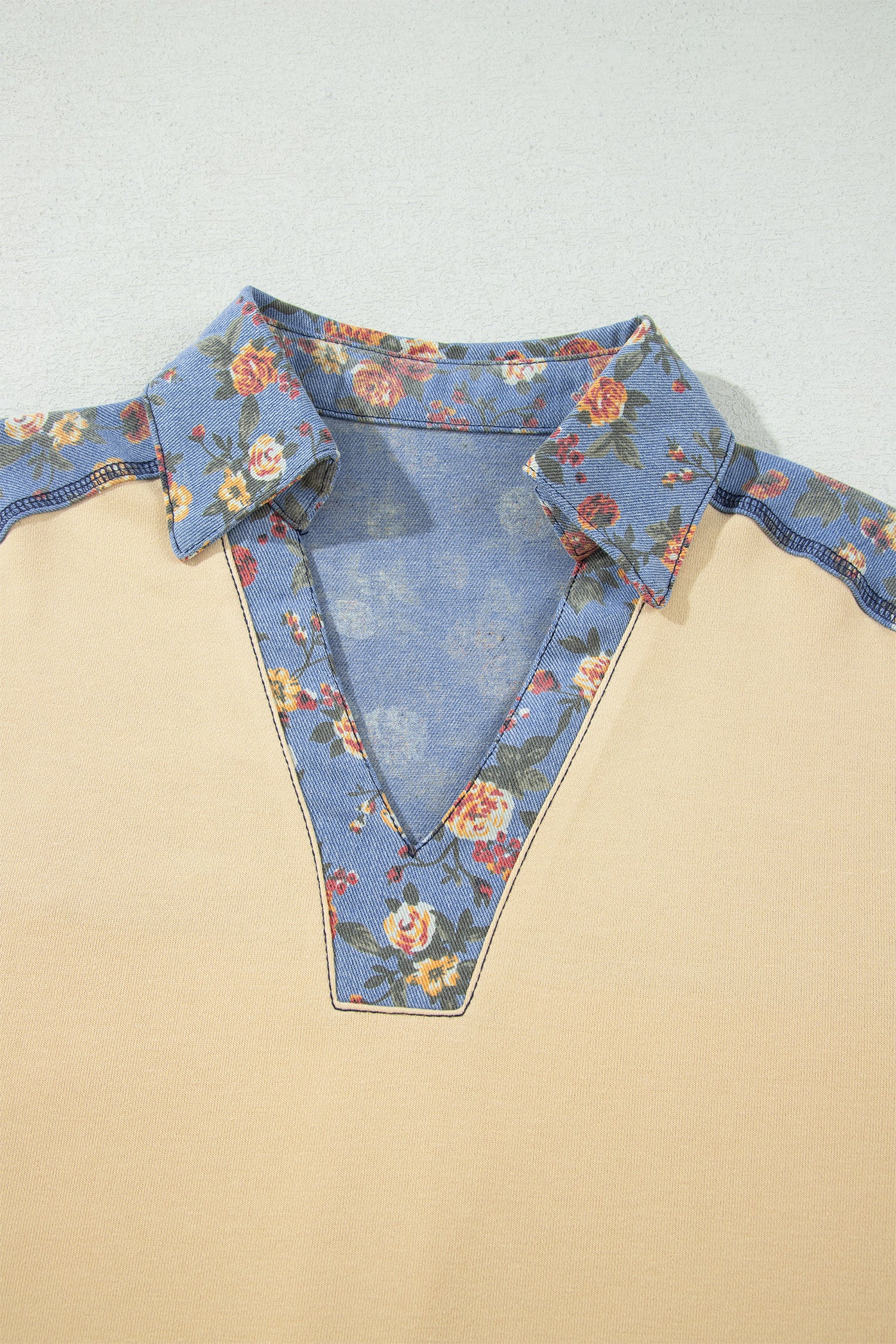 Floral Denim Patchwork Collar V Neck Long Sleeve Pullover Top – Apricot