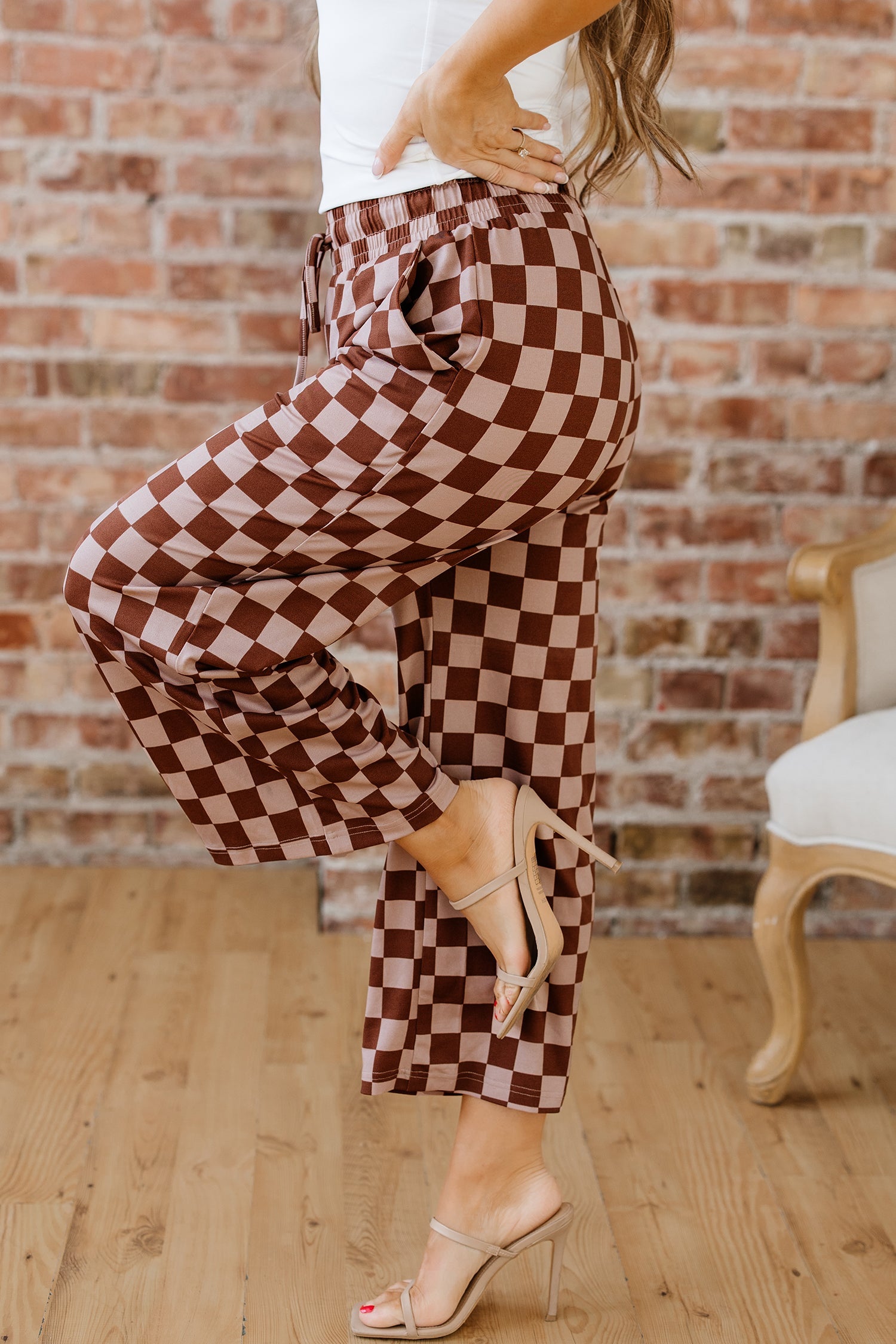 Checkered Elastic High Waist Loose Casual Trousers - eAura