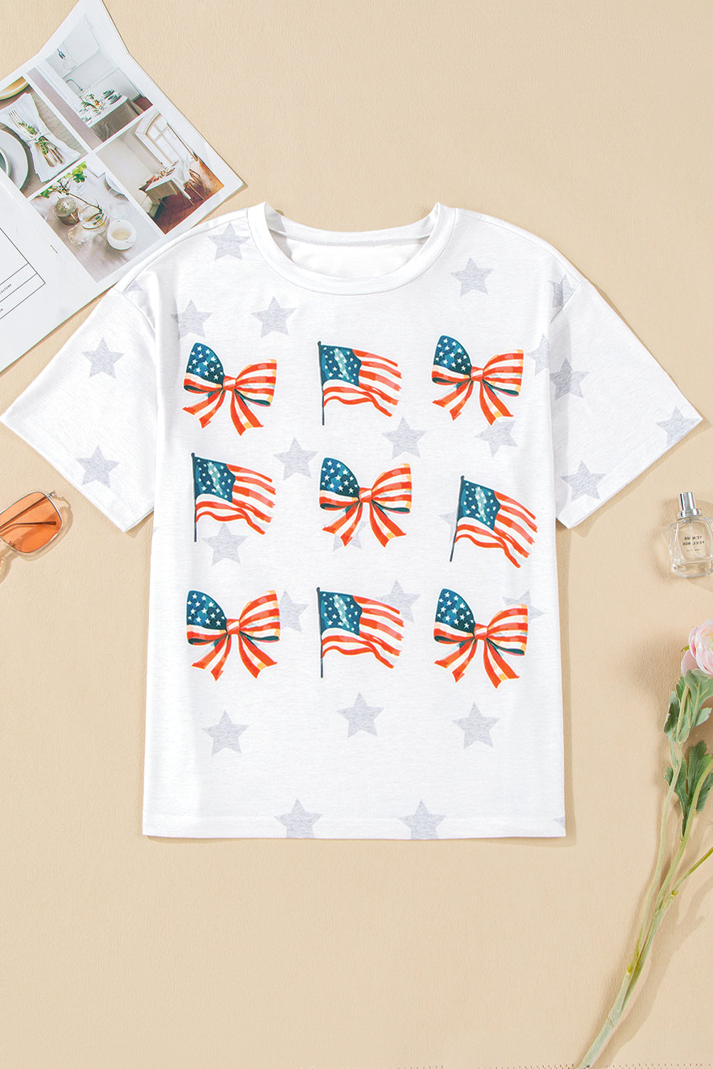 Khaki Patriotic Flag Bow Graphic Starry Round Neck T Shirt - eAura