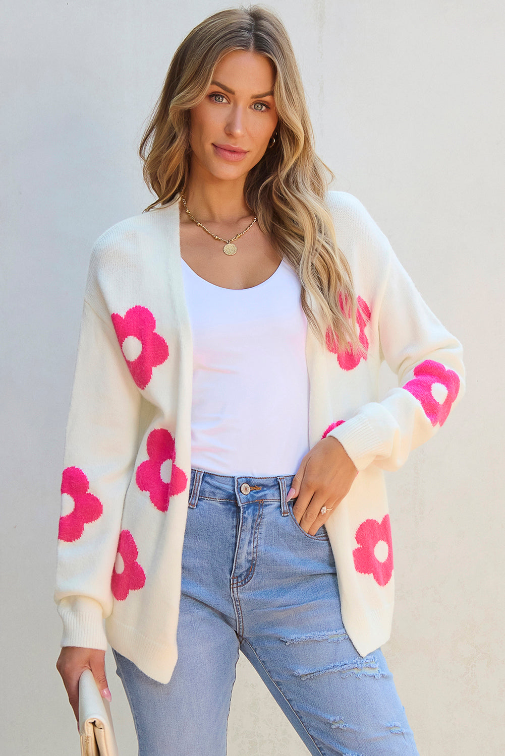 Rose Red Flower Pattern Open Front Cardigan eAura
