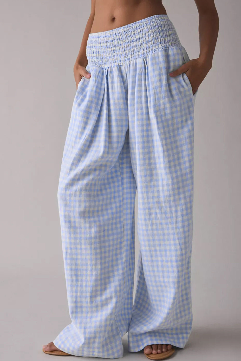 Plaid Print Smocked High Waist Loose Trousers - eAura