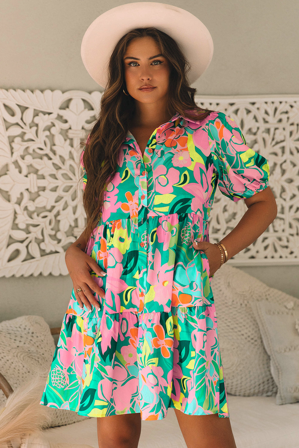 Green Floral Puff Sleeve Collar Buttoned Babydoll Dress eAura