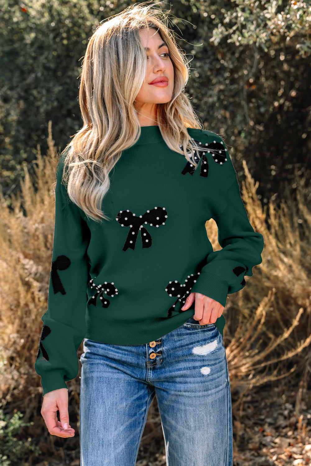 Pearl Embellished Bow Pattern Loose Sweater - eAura