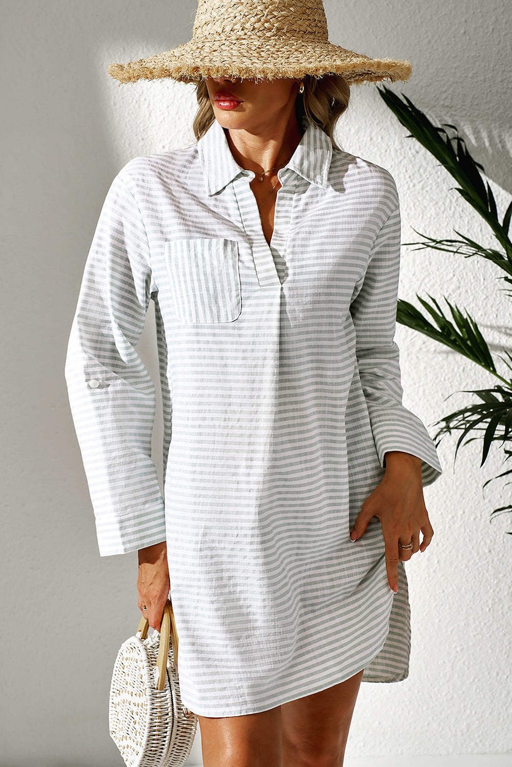 White Stripe Collared V Neck Chest Pocket Long Sleeve Beach Cover up eAura