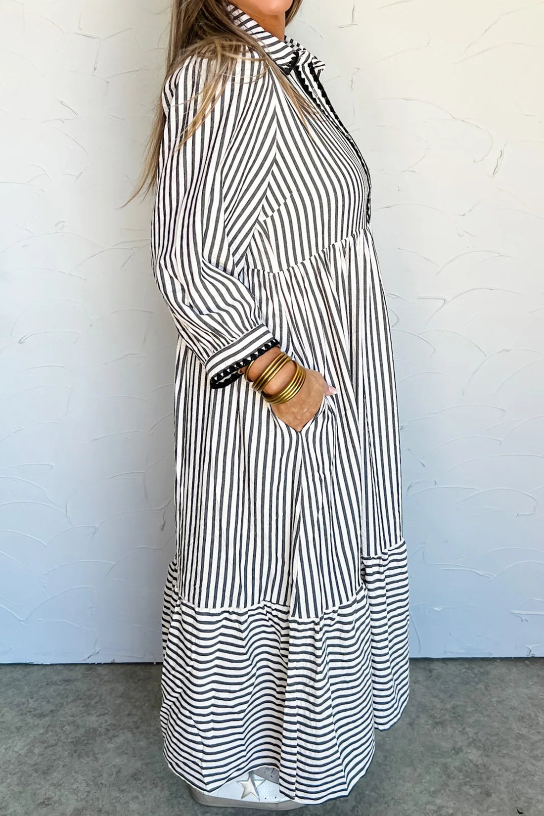 Stripe Scallop Trim Shirt Collar 3/4 Sleeve Maxi Dress - Black / L - Dresses/Maxi Dresses
