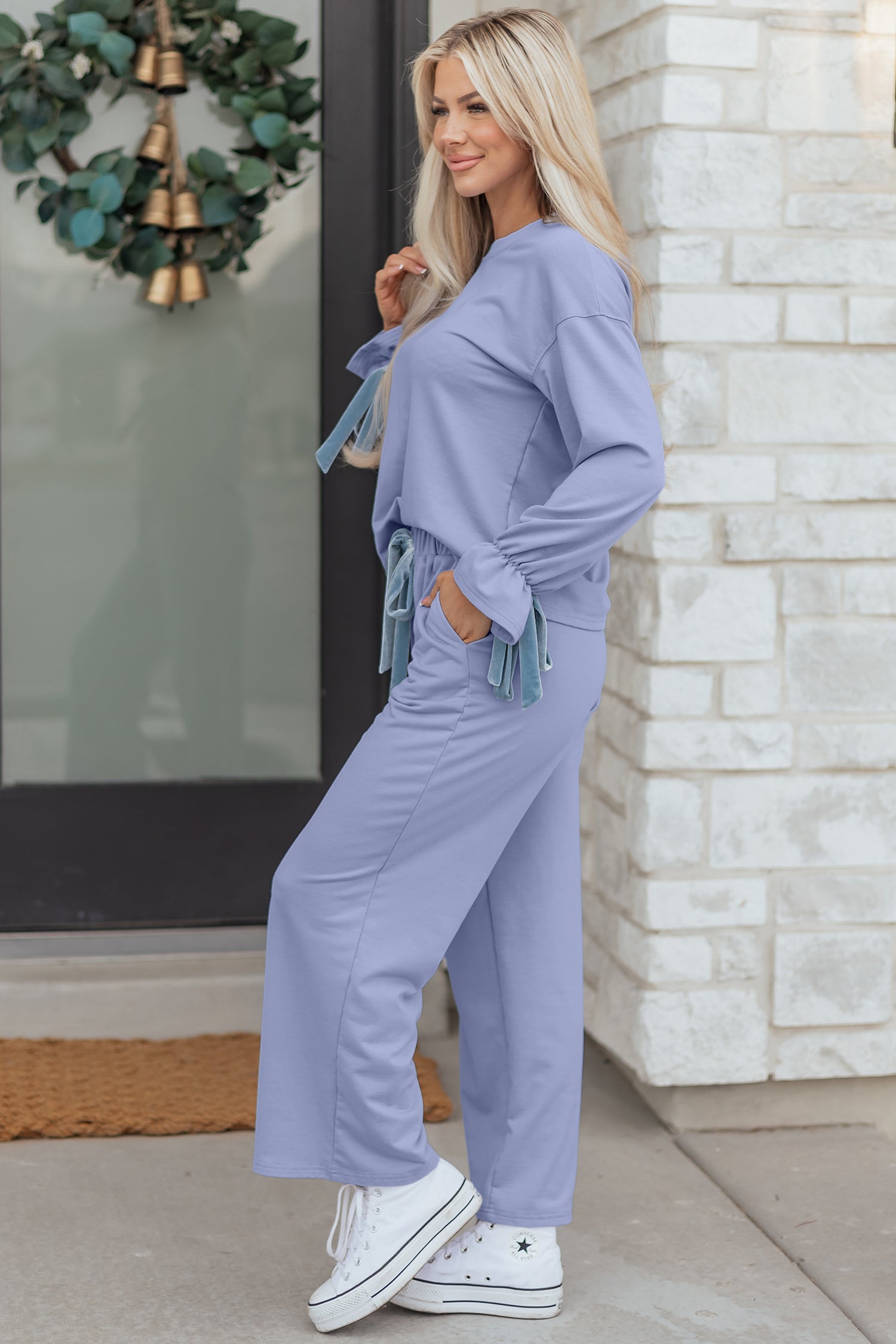 Beau Flounce Long Sleeve Top Drawstring Pants Contrast Velvet Bow Knot 2pcs Lounge Set – Blue