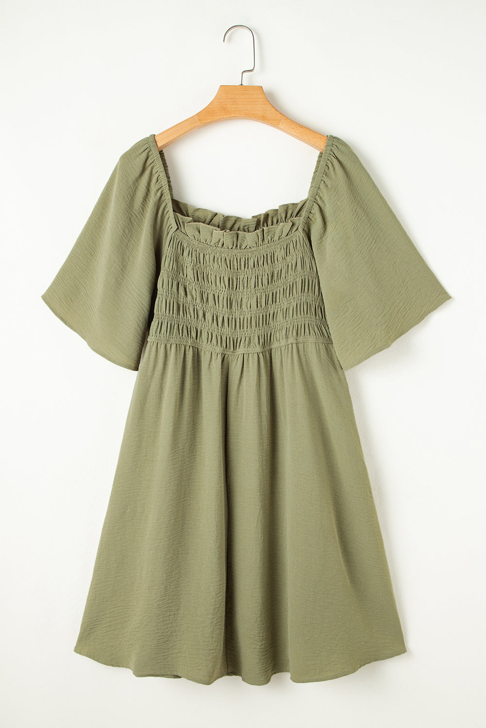 Grass Green Frilly Square Neck Flutter Sleeve Smocked High Waist Plus Size Dress BB Fashion Outlet