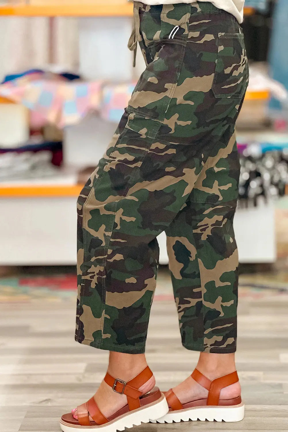 Green Camouflage Print Drawstring Patch Pocket Barrel Jeans
