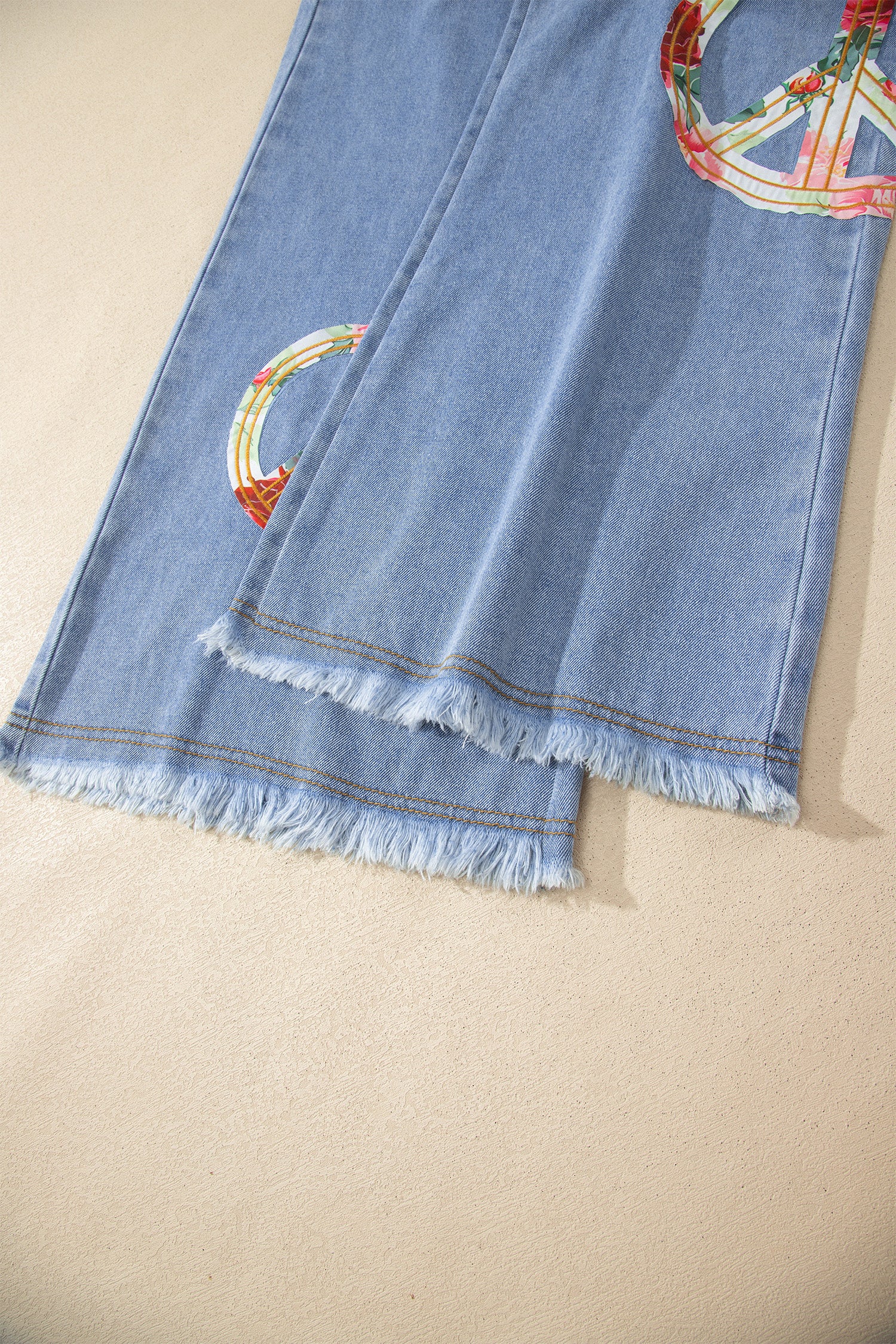Floral Peace Sign Embroidered Patch Wide Leg Jeans