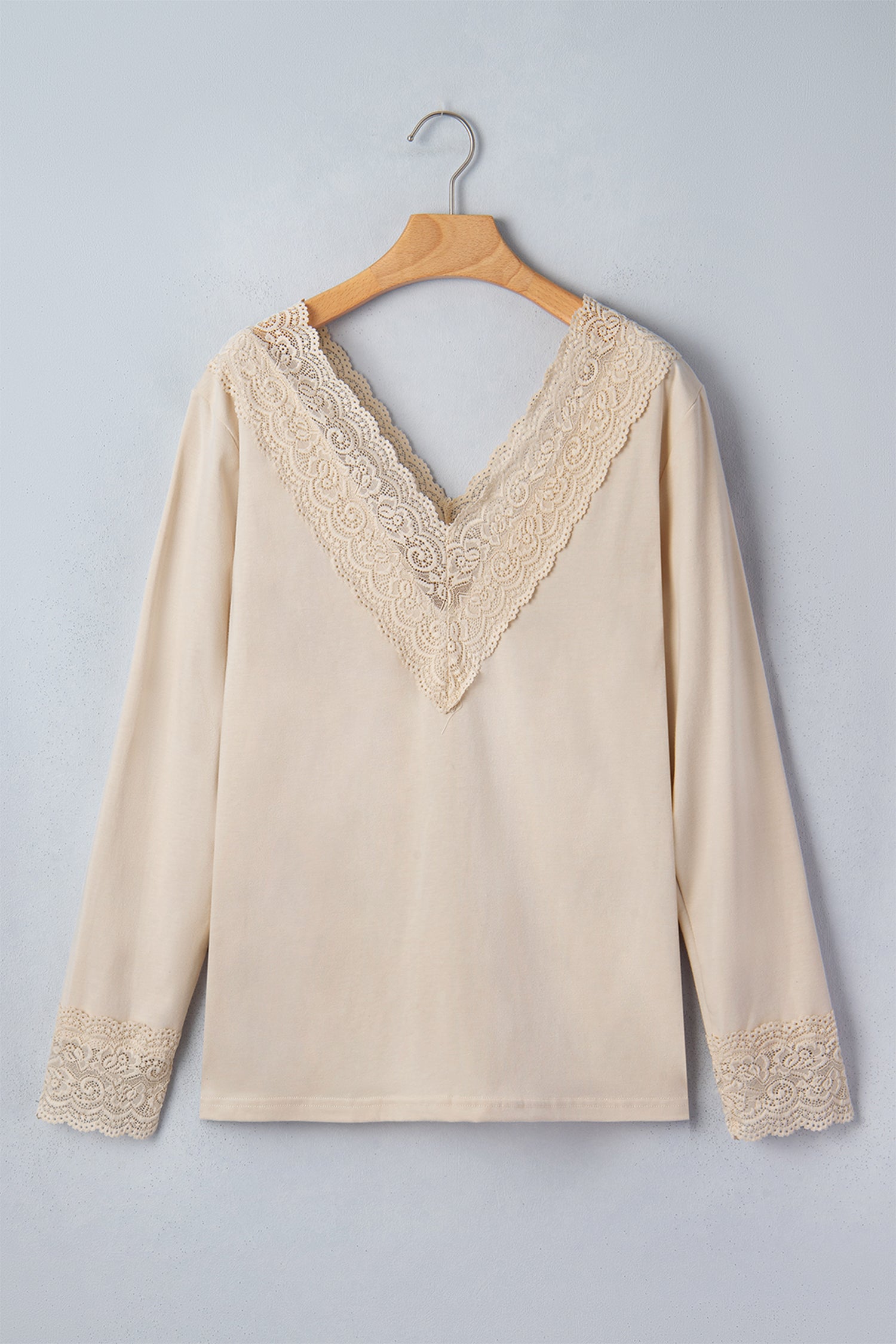 Apricot Lace Splicing V Neck Long Sleeve Top – Beige