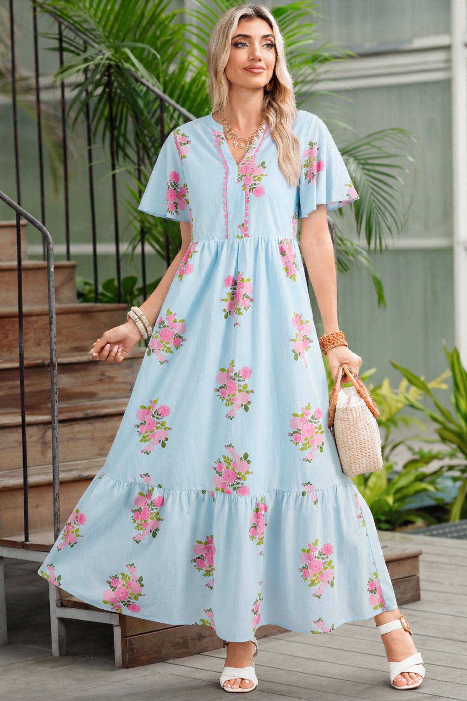 Notched Neck Flutter Short Sleeve Floral Print Maxi Dress
