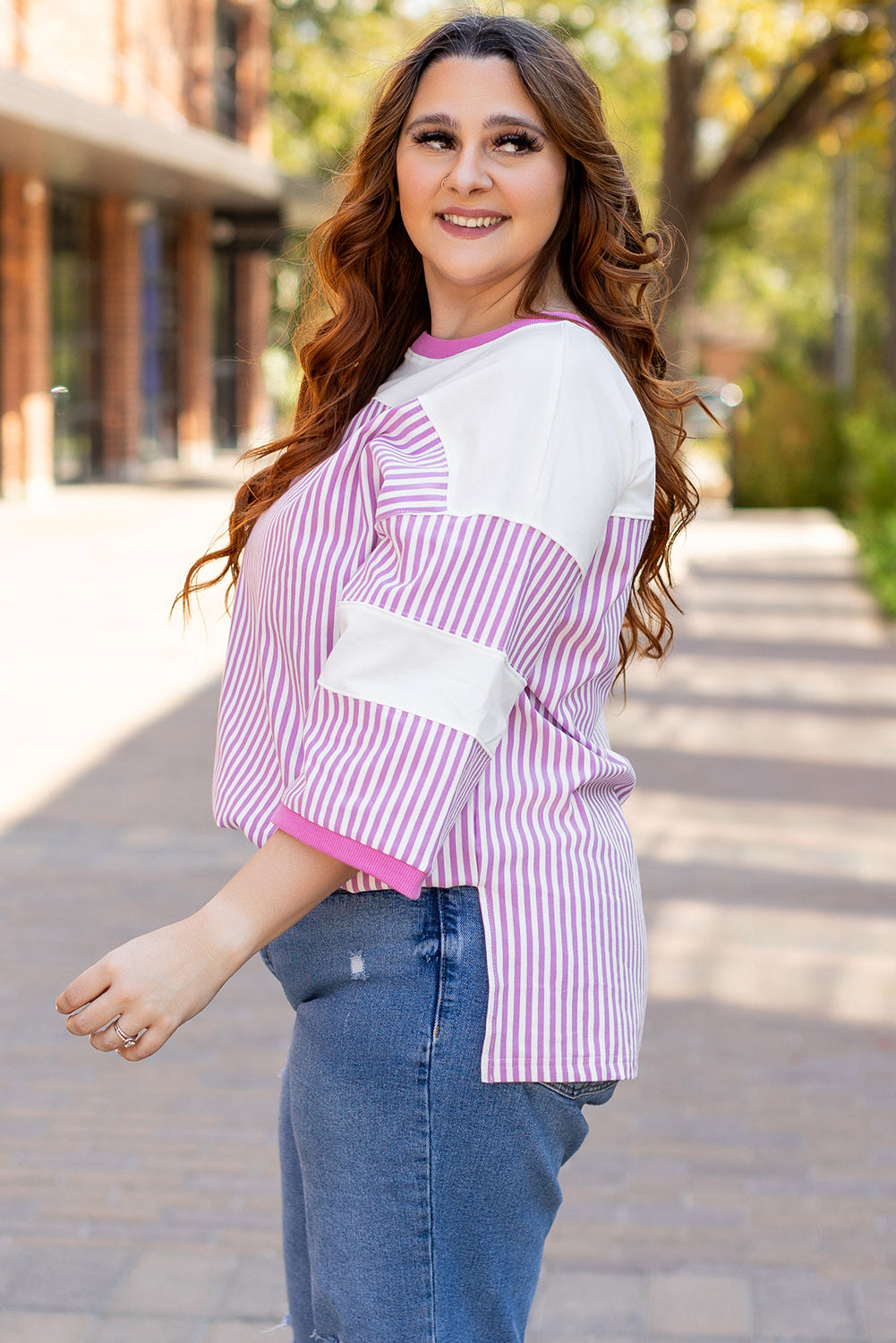 Pink Stripe Patchwork Bracelet Sleeve Plus Size T Shirt BB Fashion Outlet