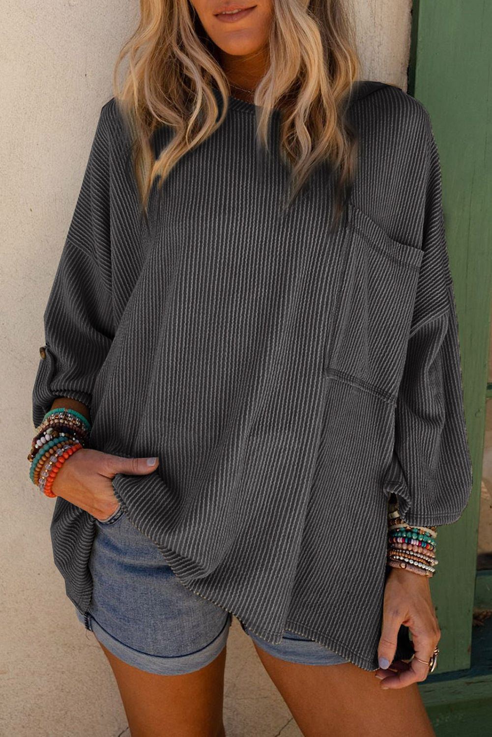 Grey Ribbed Roll-tab Sleeve Chest Pocket Oversize Top eAura