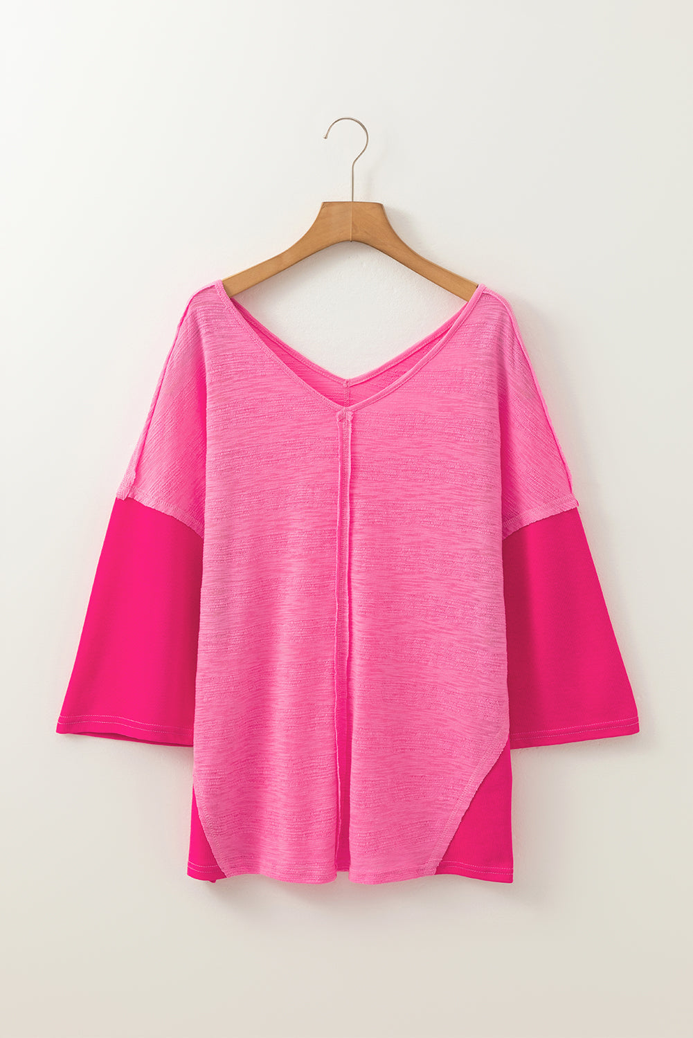 Sachet Pink Contrast Patchwork 3/4 Sleeve V Neck Loose Blouse - eAura