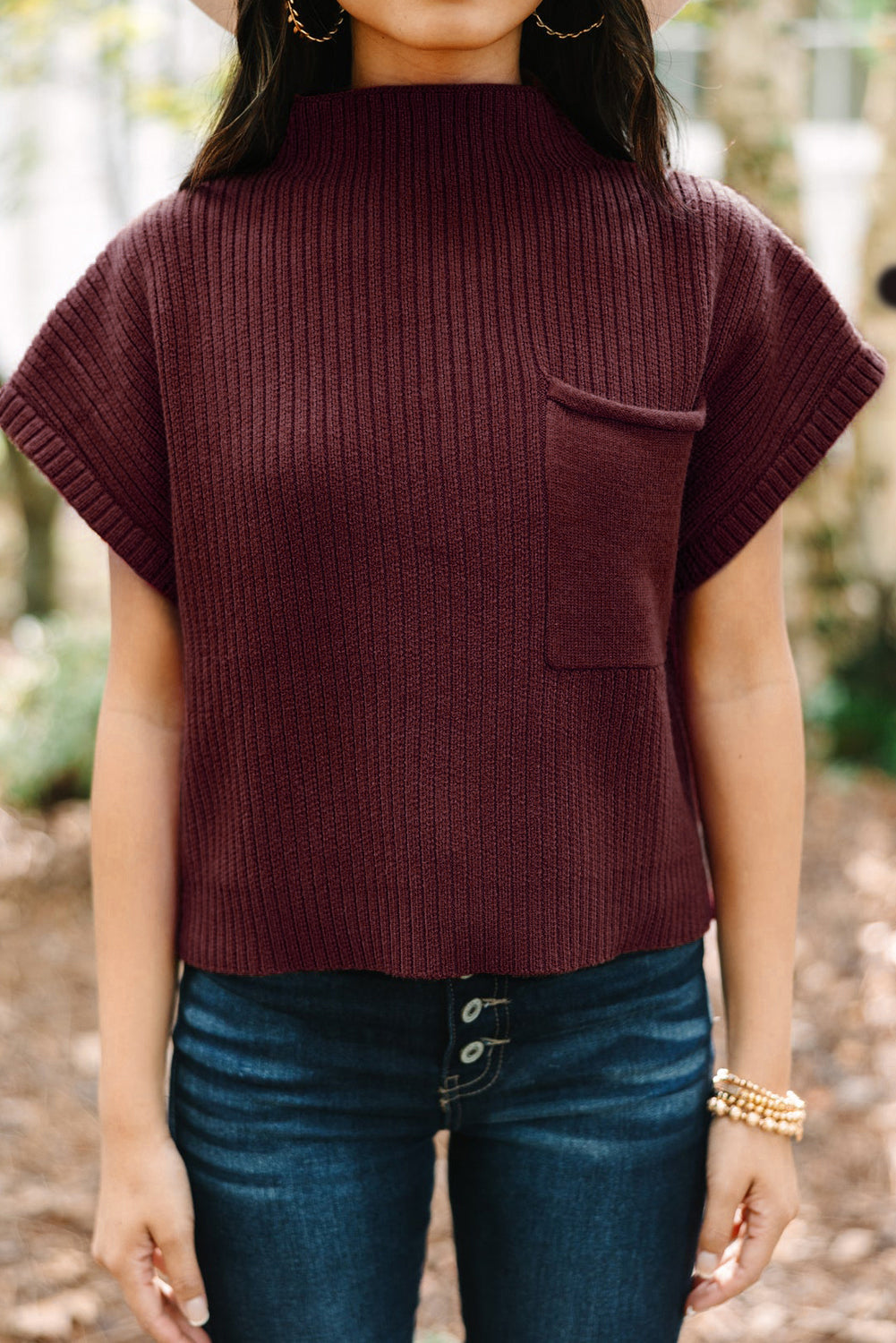 Patch Pocket Ribbed Knit Short Sleeve Sweater eAura