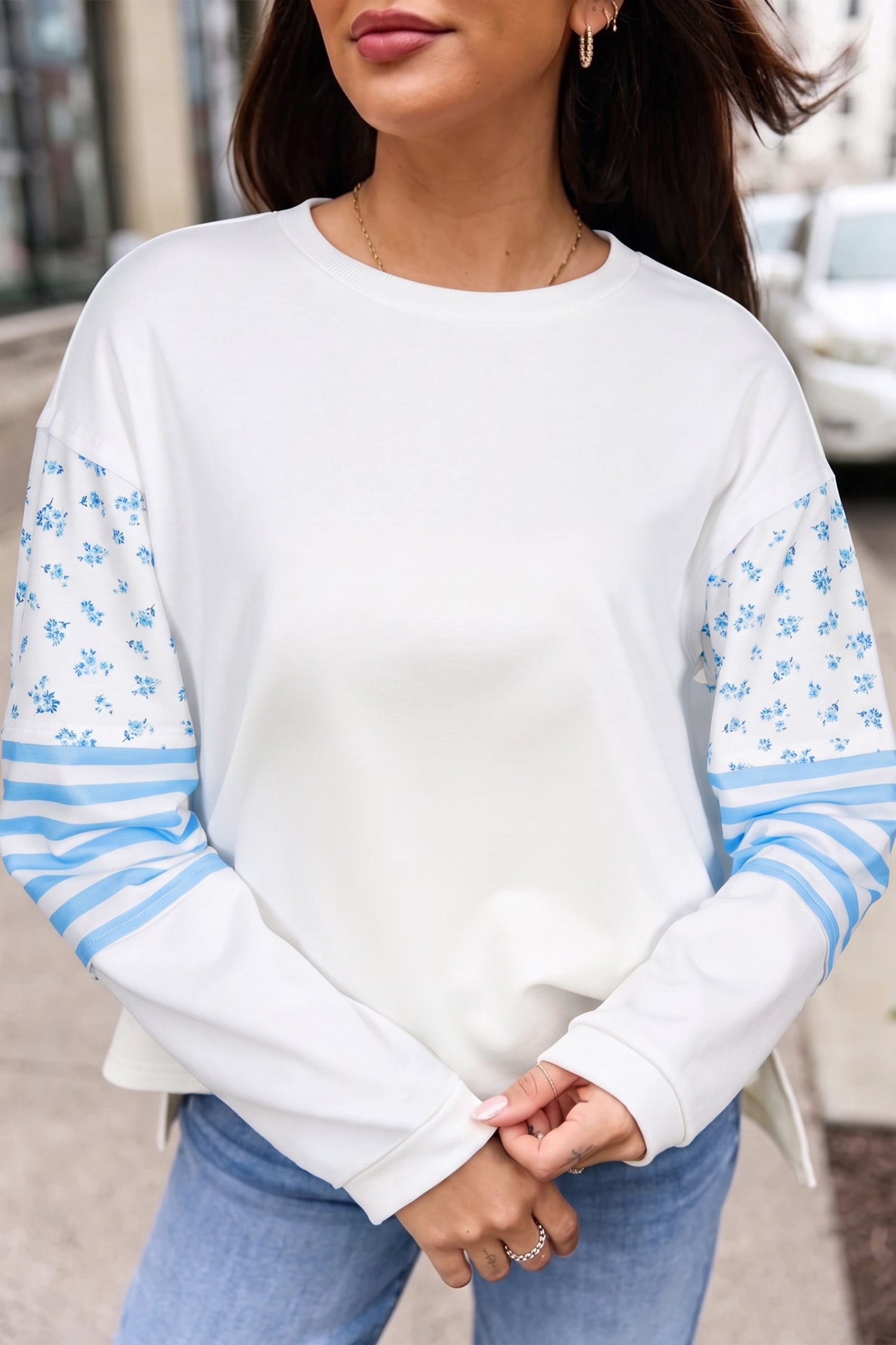 Floral Striped Long Sleeve Contrasted Pullover Top – Beige