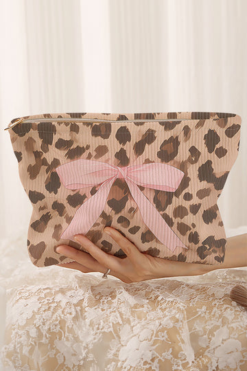 Camel Leopard Print Ribbon Bow Makeup Bag
