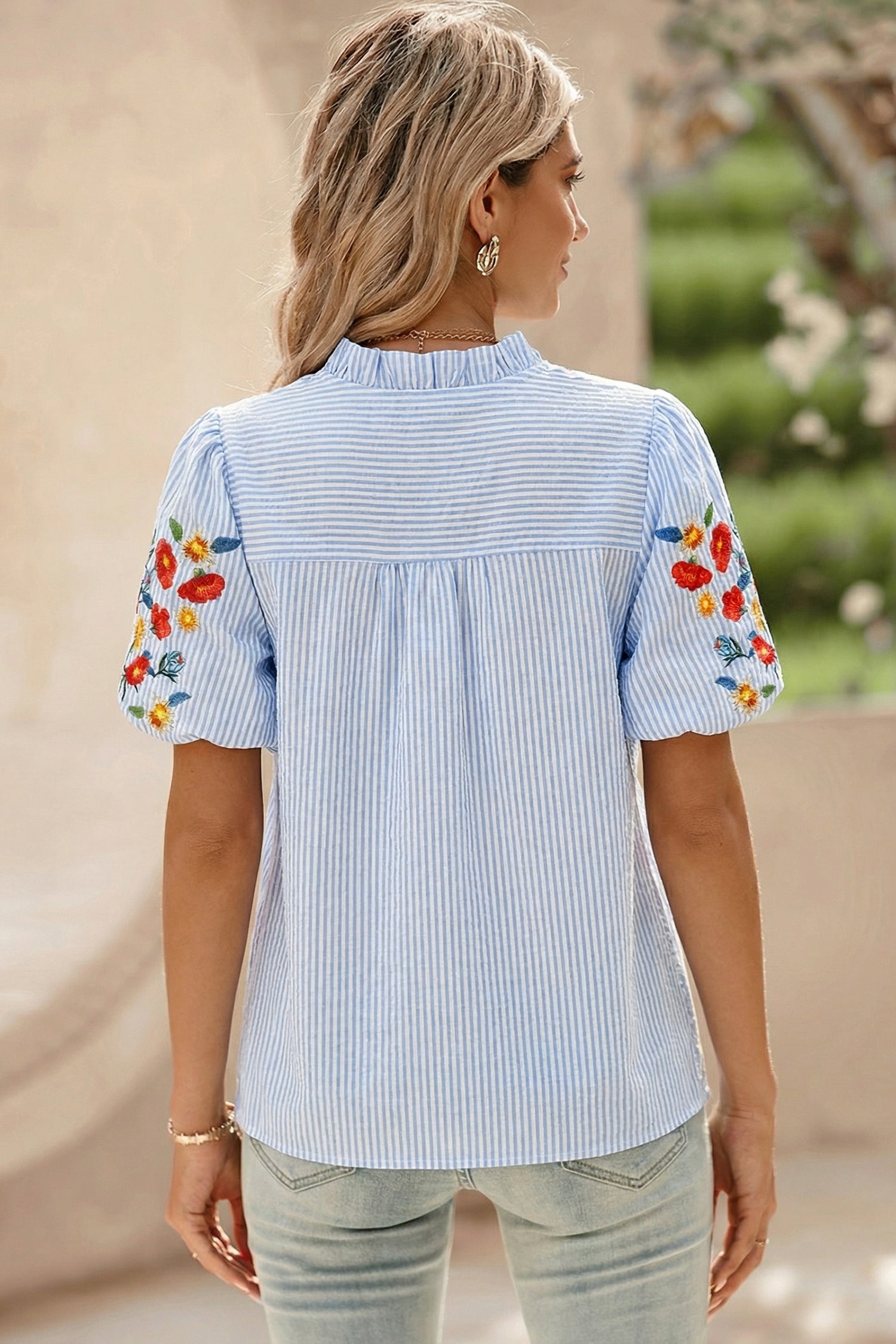 Striped Shirt Floral Detailed Short Sleeve