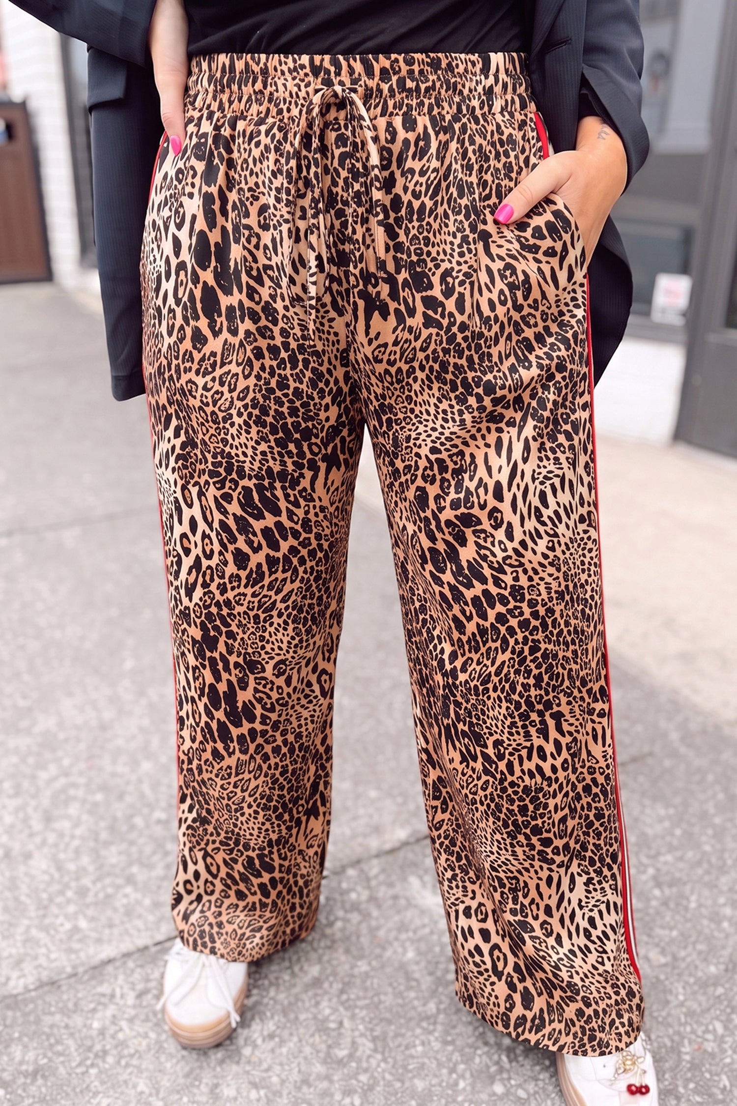 Leopard Print Colorblock Side Stripes Wide Leg Full Length Plus Size Pants – Khaki