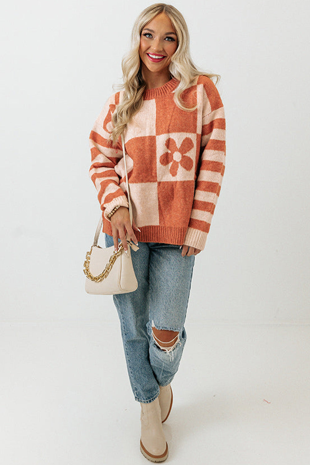 Brown Checkered Floral Print Striped Sleeve Sweater eAura