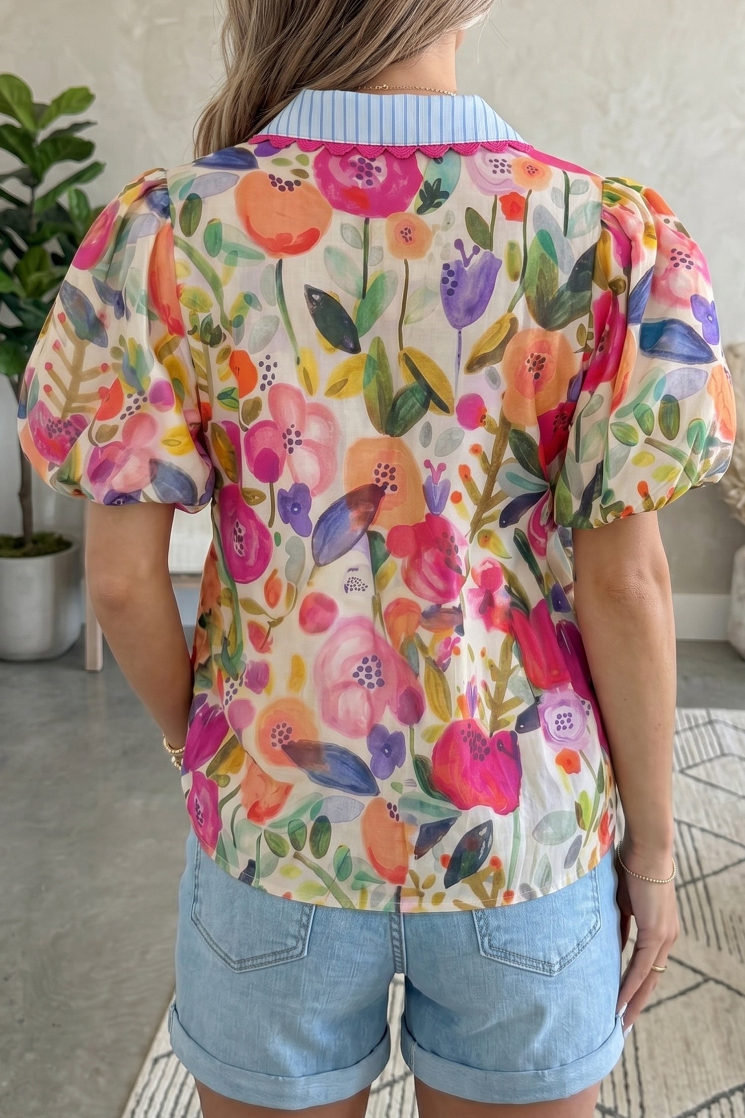 Floral Print V Neck Short Puff Sleeve Cotton Blouse – Rose