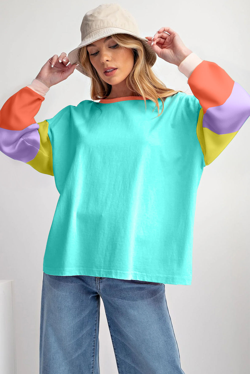 Dark Blue Colourblock Patchwork Long Sleeve Loose Top eAura