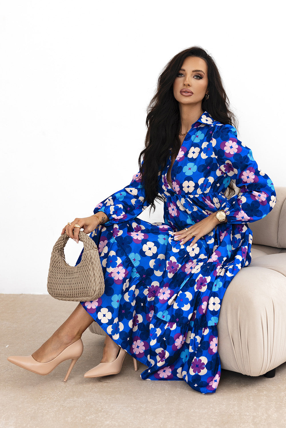 Blue Floral Peasant Sleeve Tiered Ruffle Midi Dress eAura