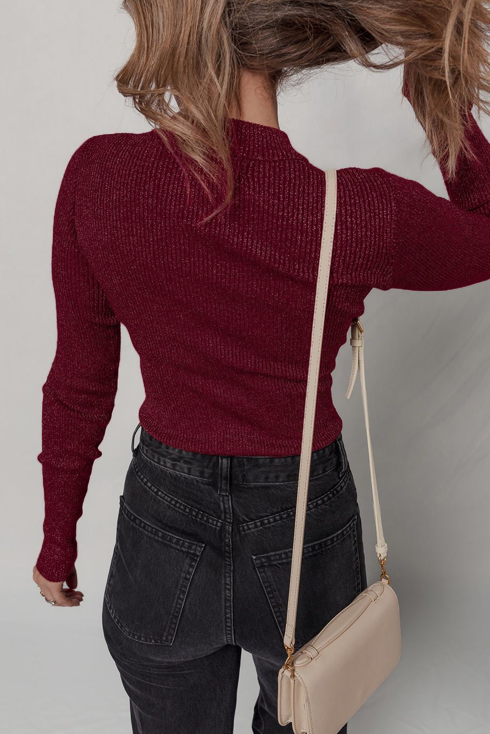 Red Dahlia Metal Ribbed Knit Long Sleeve Slim Fit Top - eAura