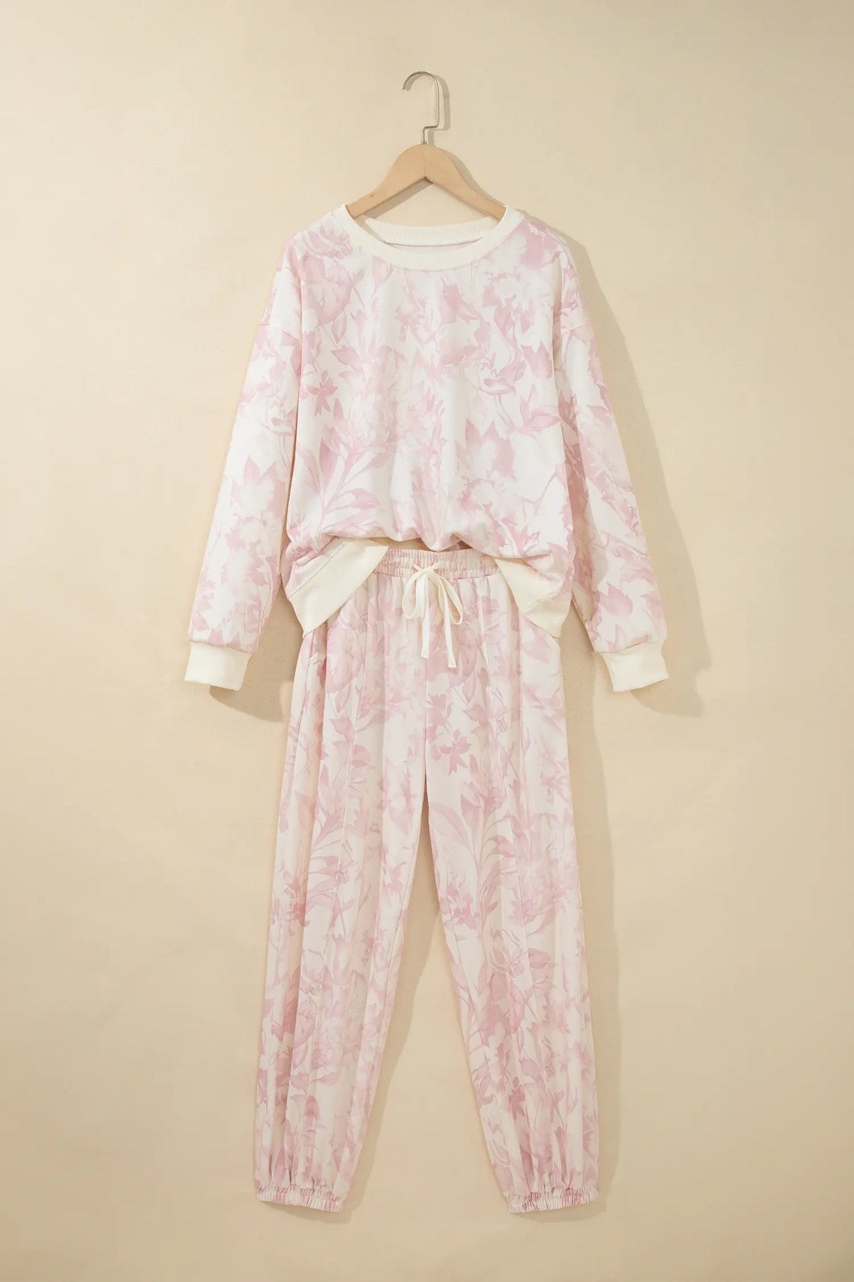 Abstract Print Drop Shoulder Drawstring Waist Drawstring Hem Pant Set – Pink