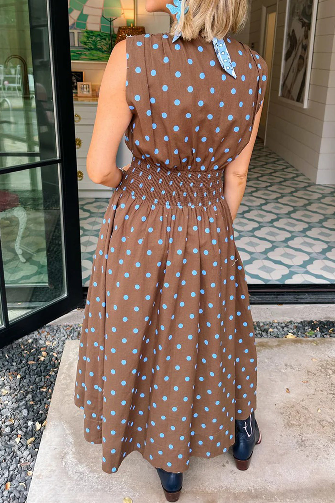 Polka Dot Print Contrast Trim V-Neck Zip-Up Sleeveless Dress