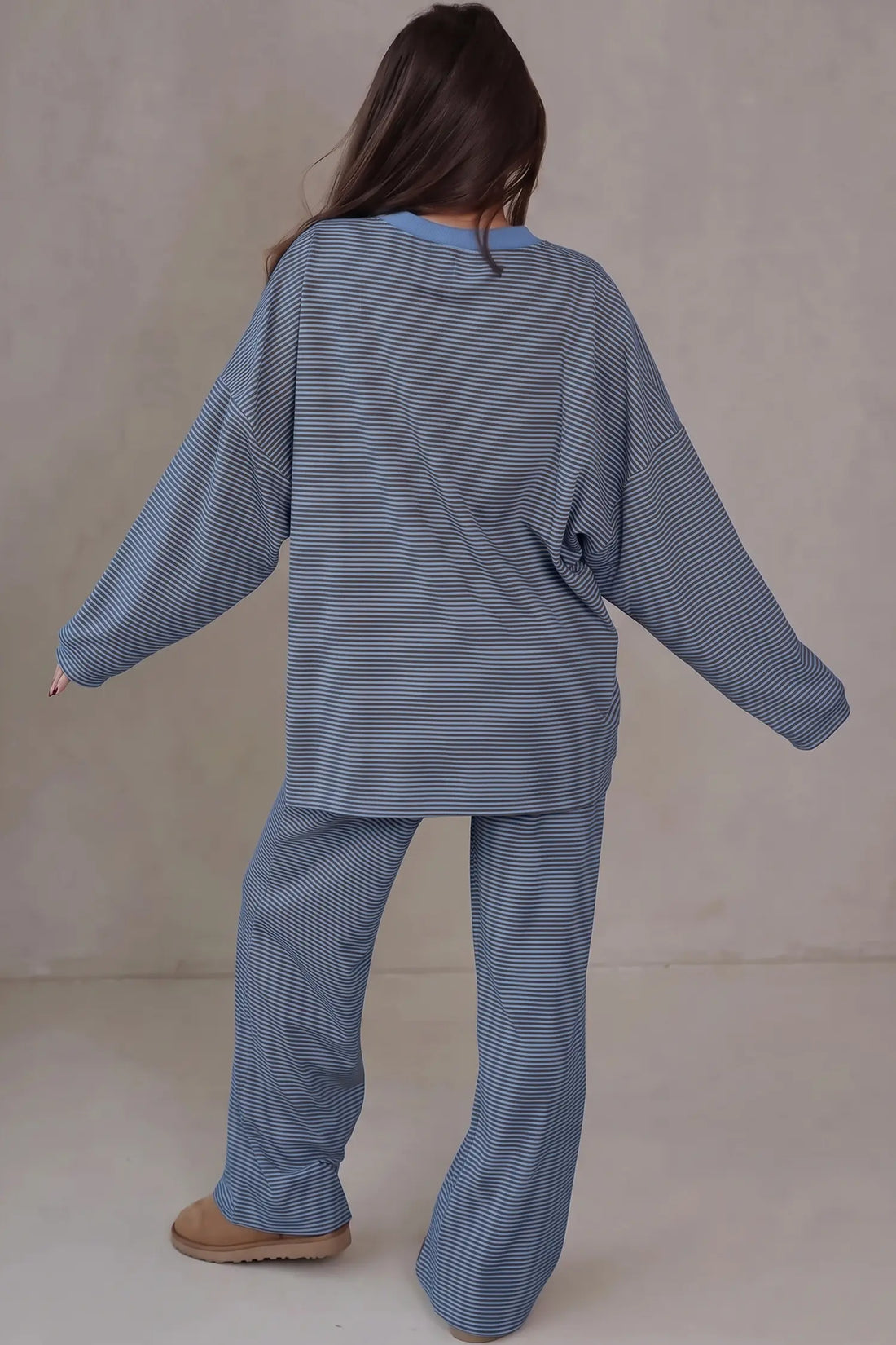 Contrast Trim Round Neck Oversize Long Sleeve Top 2pcs Pant Set