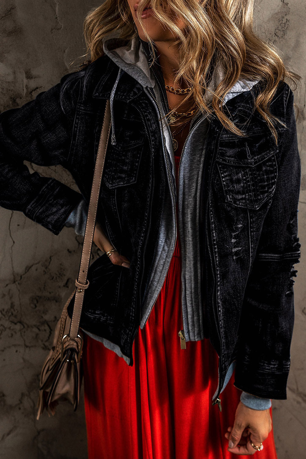 Black Fake Two-Piece Hooded Zip-Up Denim Jacket eAura